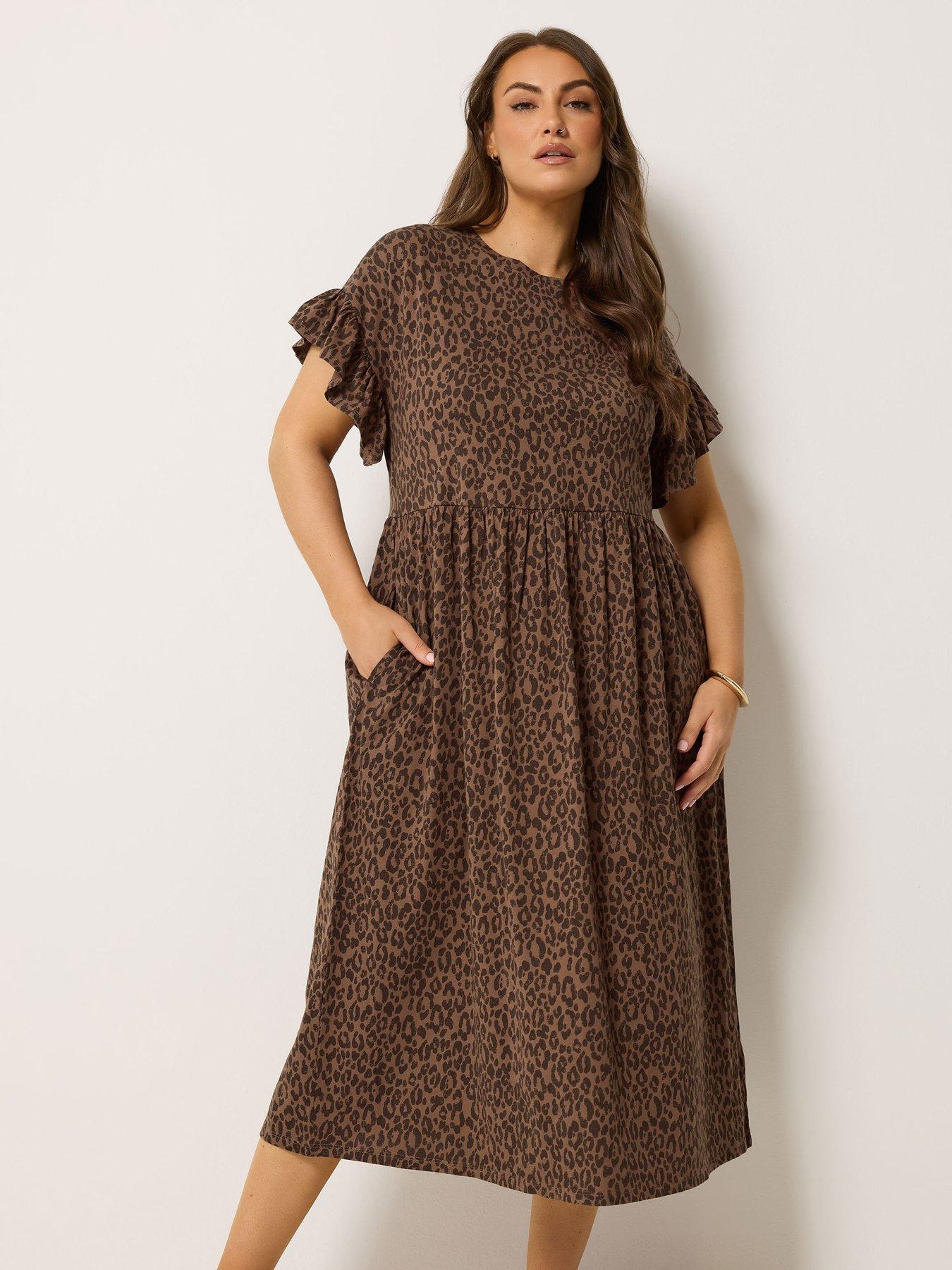 Yours Curve Animal Print Frill Midaxi Dress - Brown