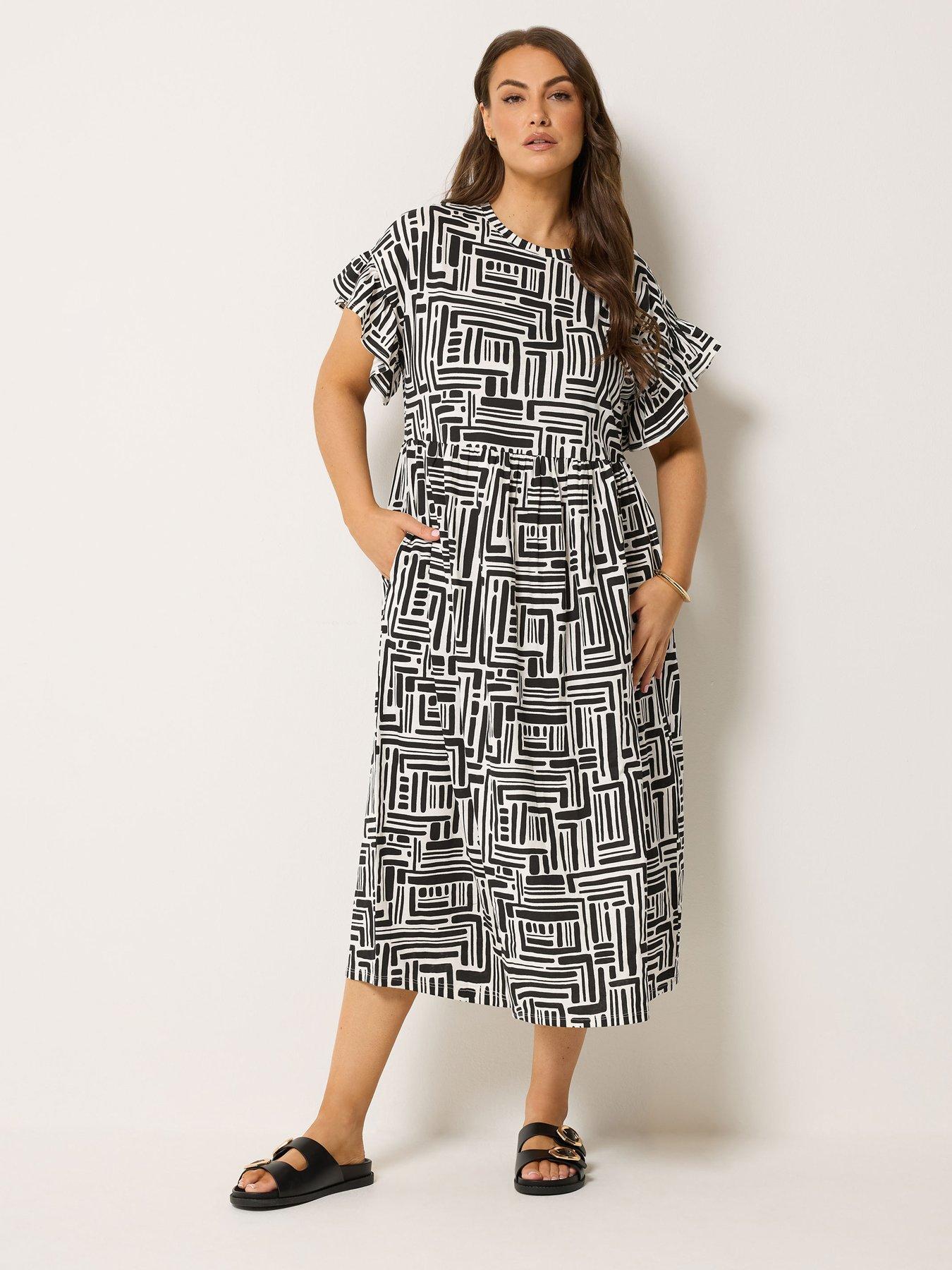 Yours Curve Frill Sleeve Midaxi Dress - Black/White