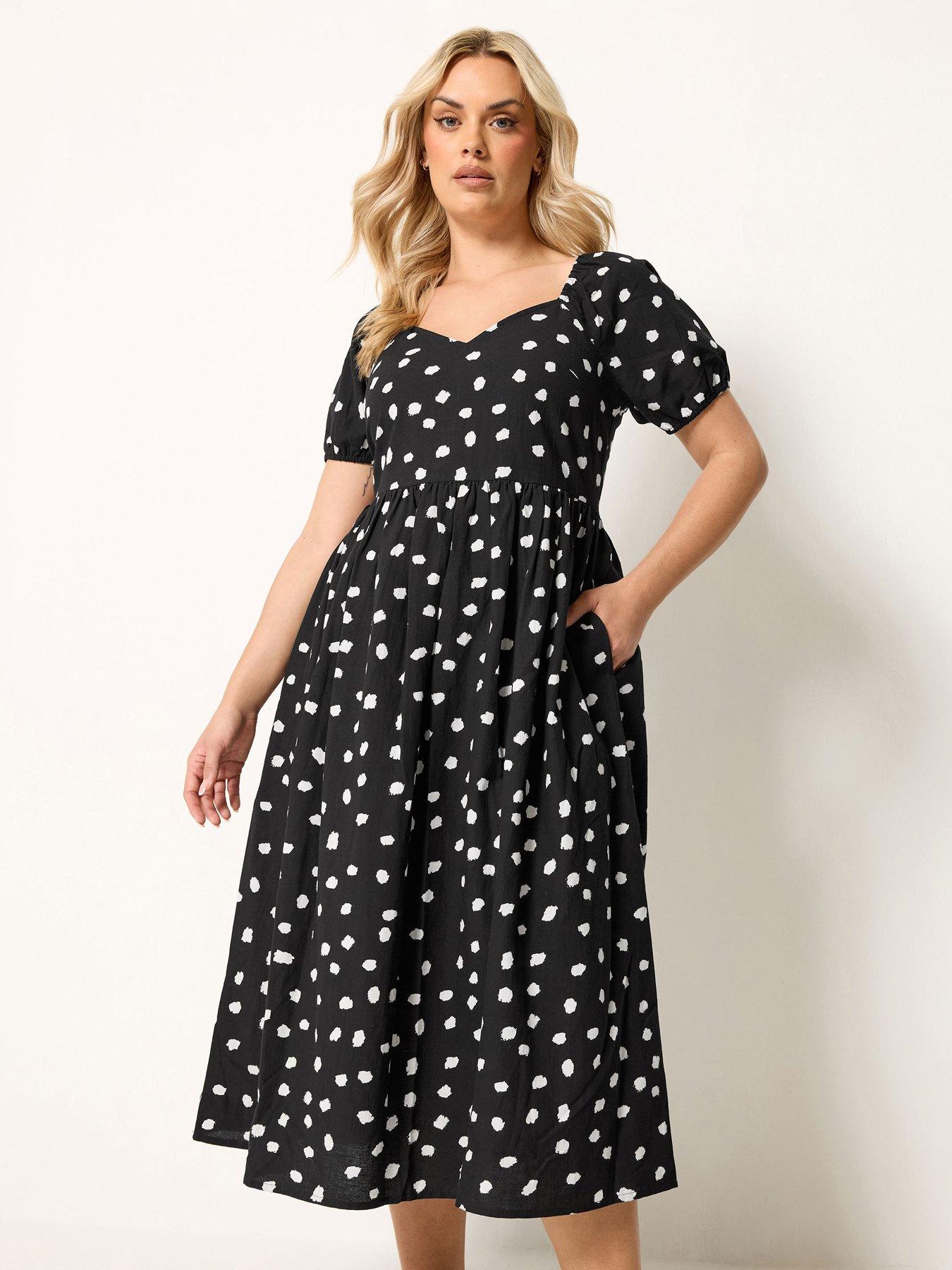 Yours Curve Polka Dot Short Puff Sleeve Midaxi Dress - Black