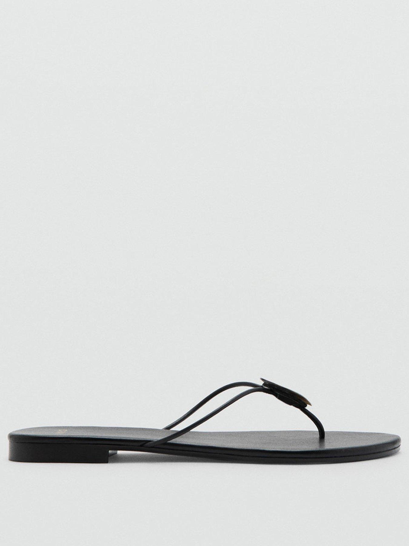 Image 2 of 4 of Mango Leather Sandals With Metallic Detail - Black