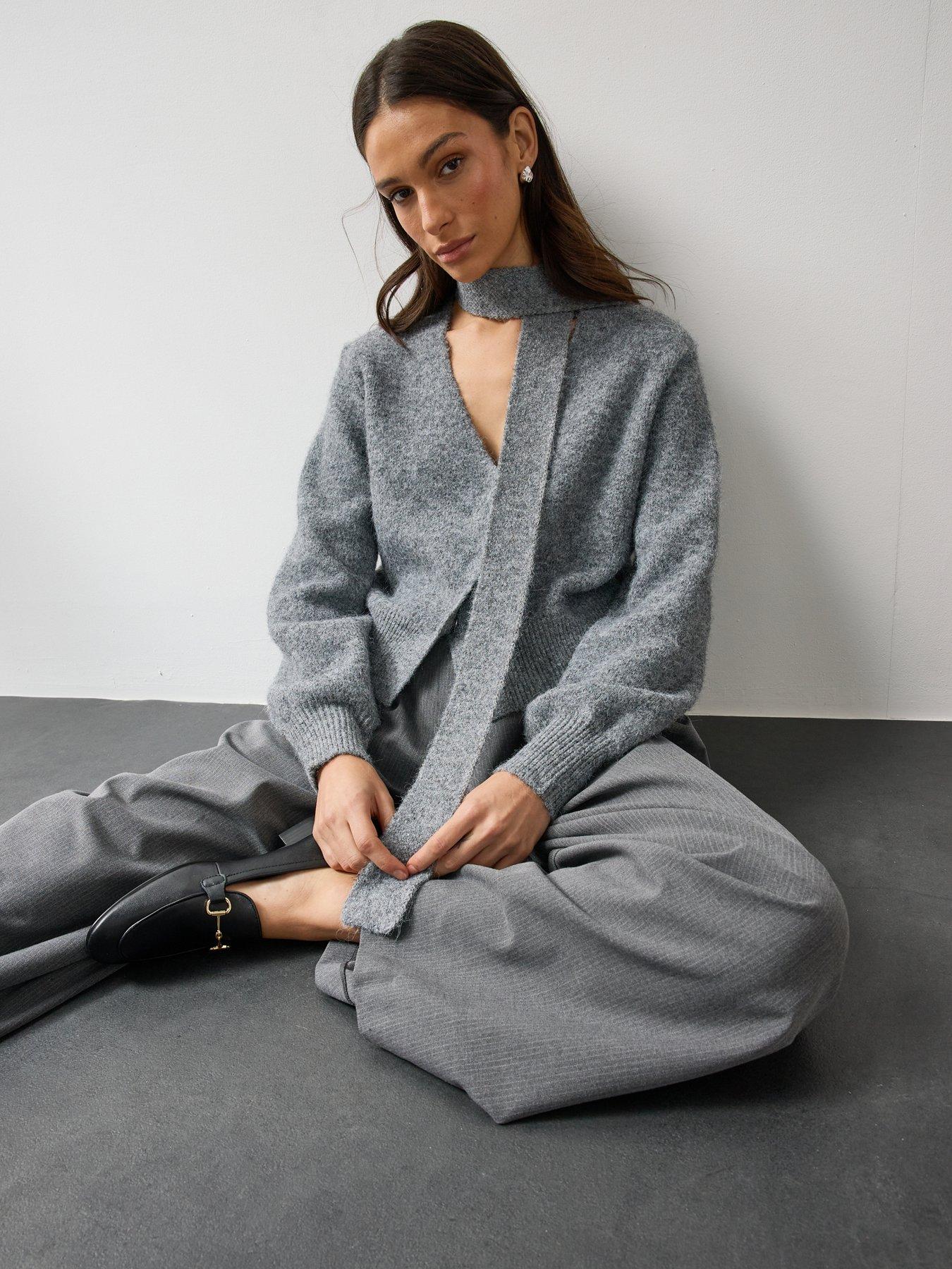 Image 4 of 6 of Michelle Keegan Womens Soft Knit Scarf Detail Cardigan - Grey