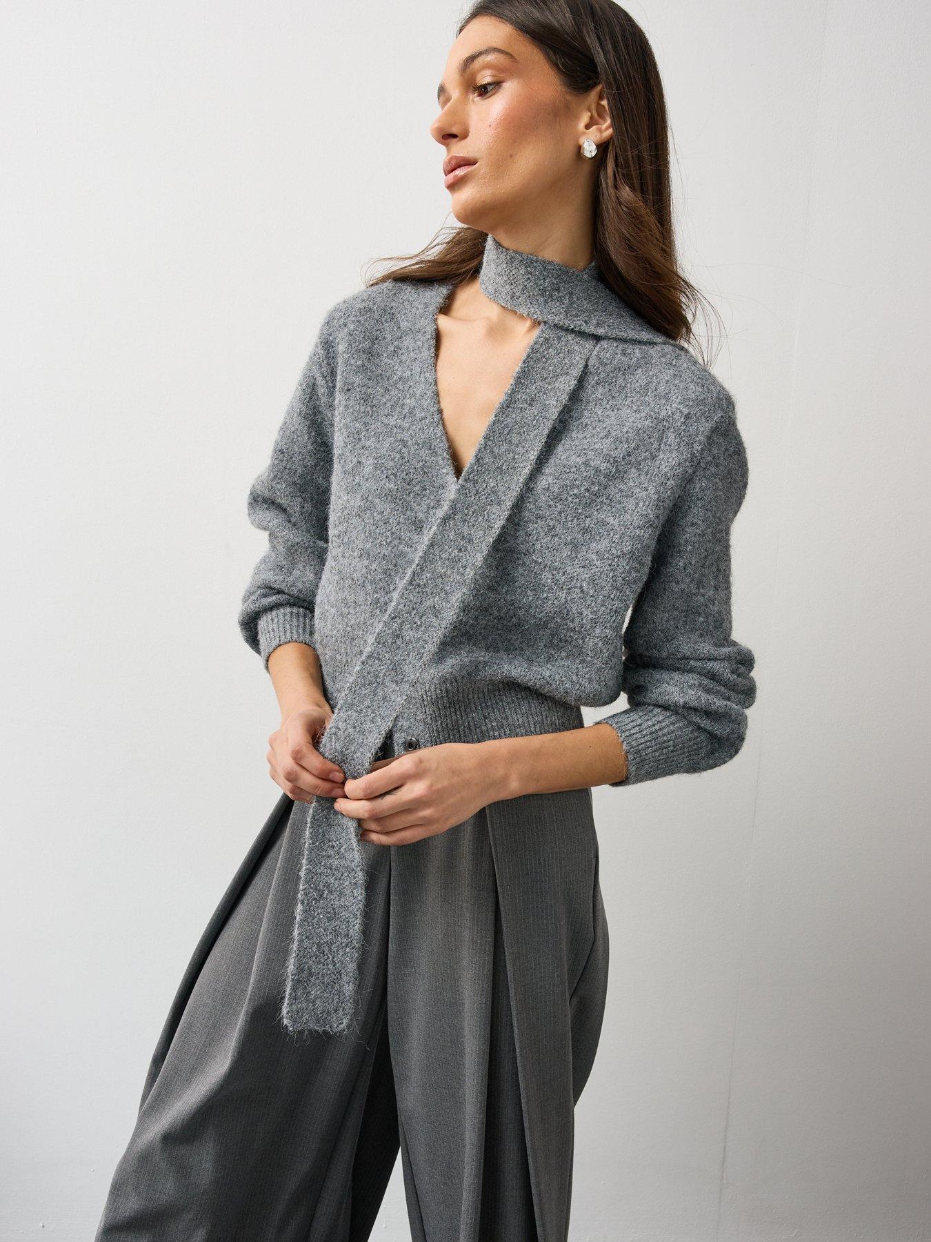 Image 5 of 6 of Michelle Keegan Womens Soft Knit Scarf Detail Cardigan - Grey