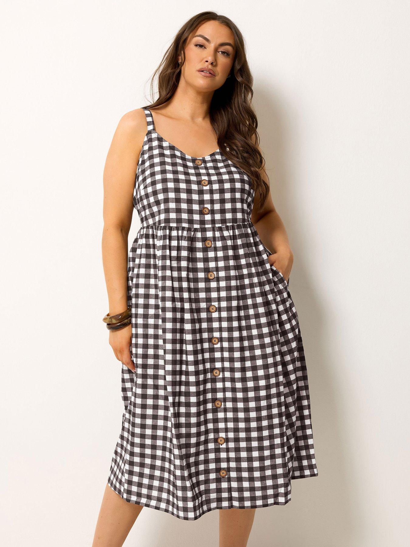 Yours Curve Chocolate Gingham Print Linen Dress - Brown