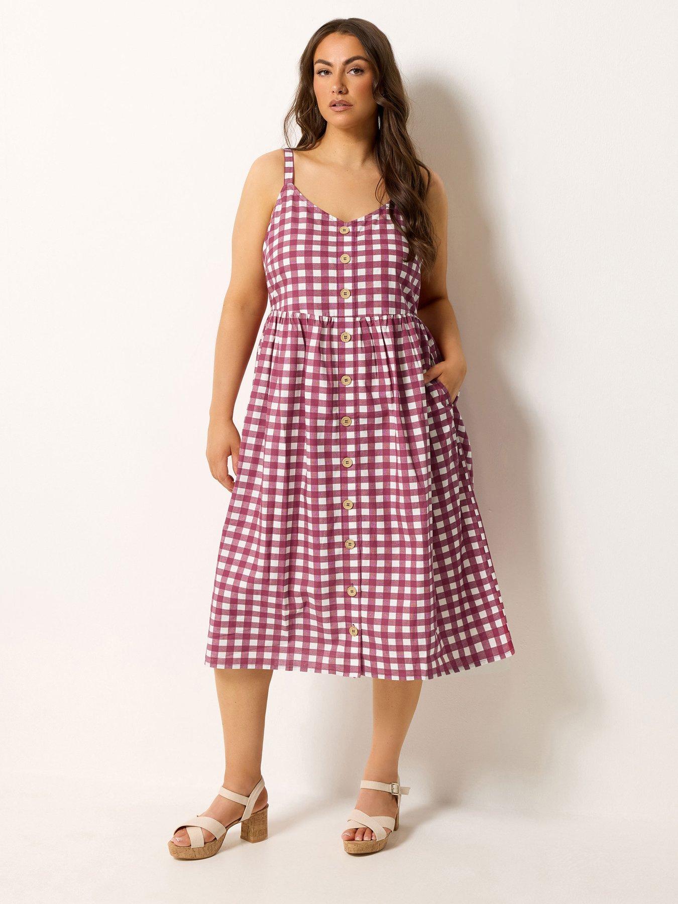 Image 1 of 4 of Yours Curve Gingham Print Linen Button Detail Sundress