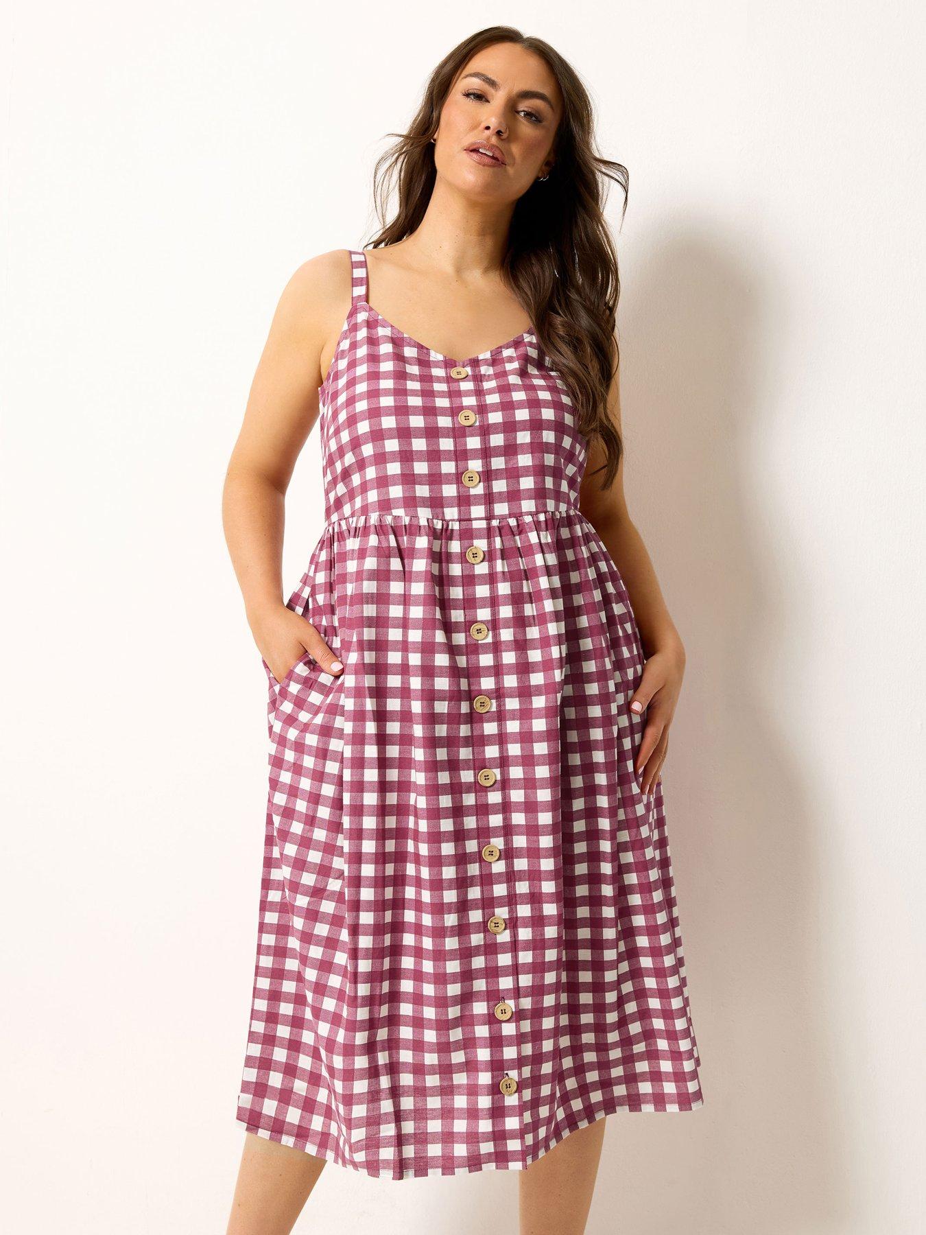 Image 3 of 4 of Yours Curve Gingham Print Linen Button Detail Sundress