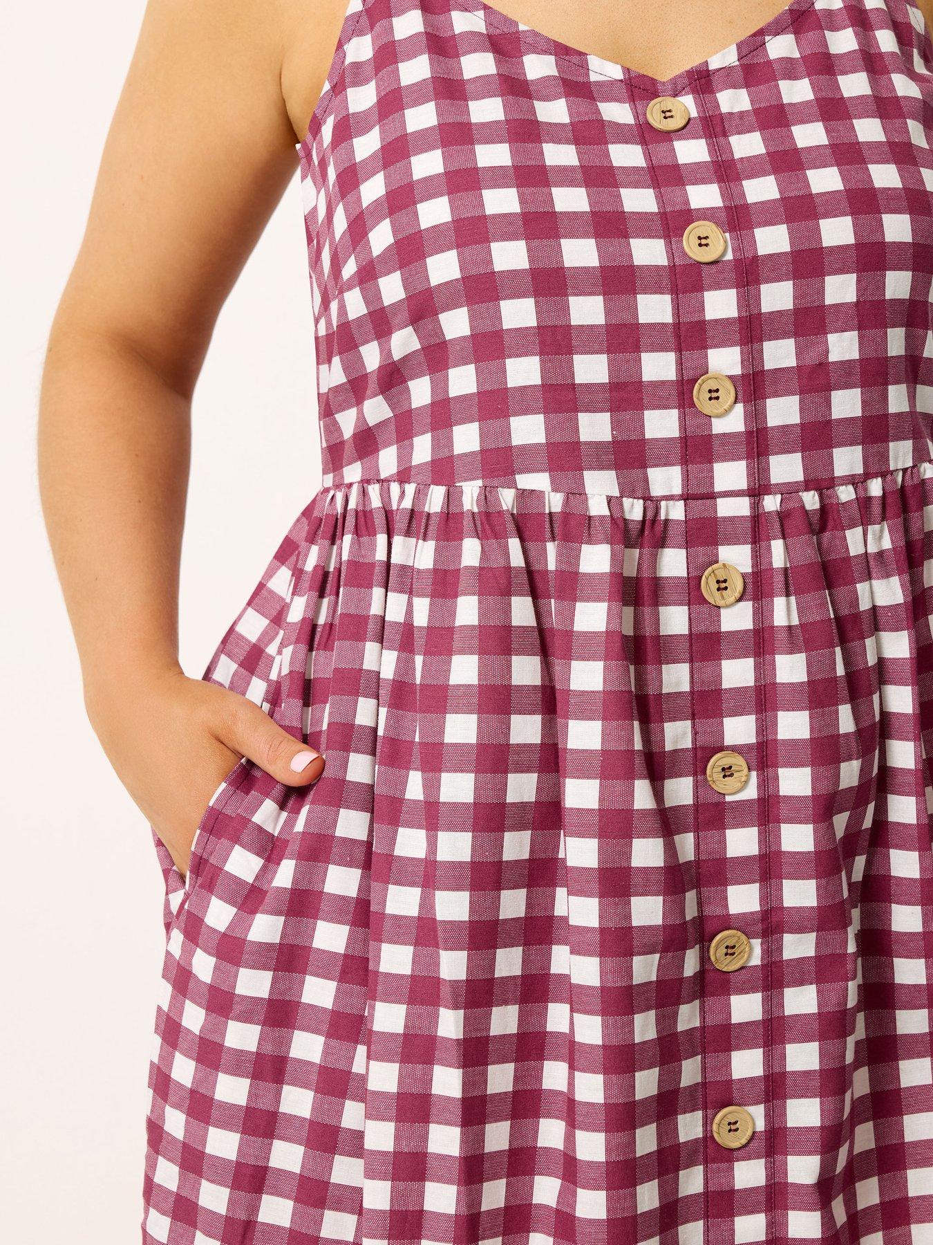 Image 4 of 4 of Yours Curve Gingham Print Linen Button Detail Sundress