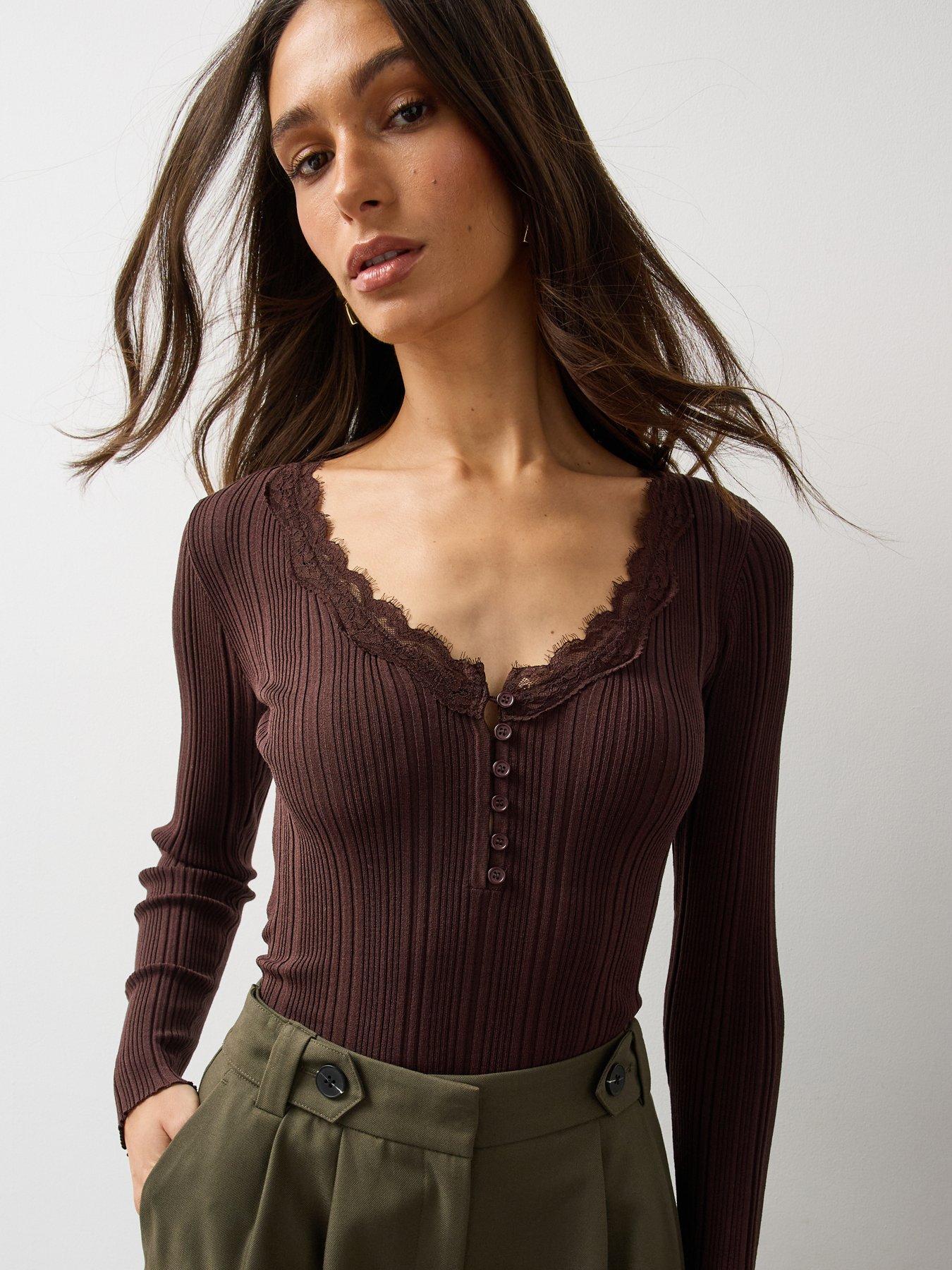 Image 1 of 7 of Michelle Keegan Womens Lace-Trim Ribbed Button Front Top - Brown