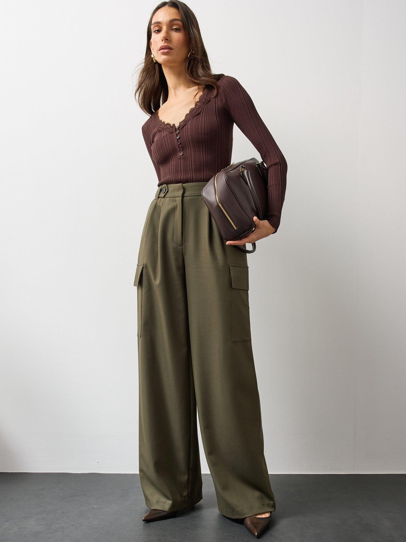 Image 2 of 7 of Michelle Keegan Womens Lace-Trim Ribbed Button Front Top - Brown
