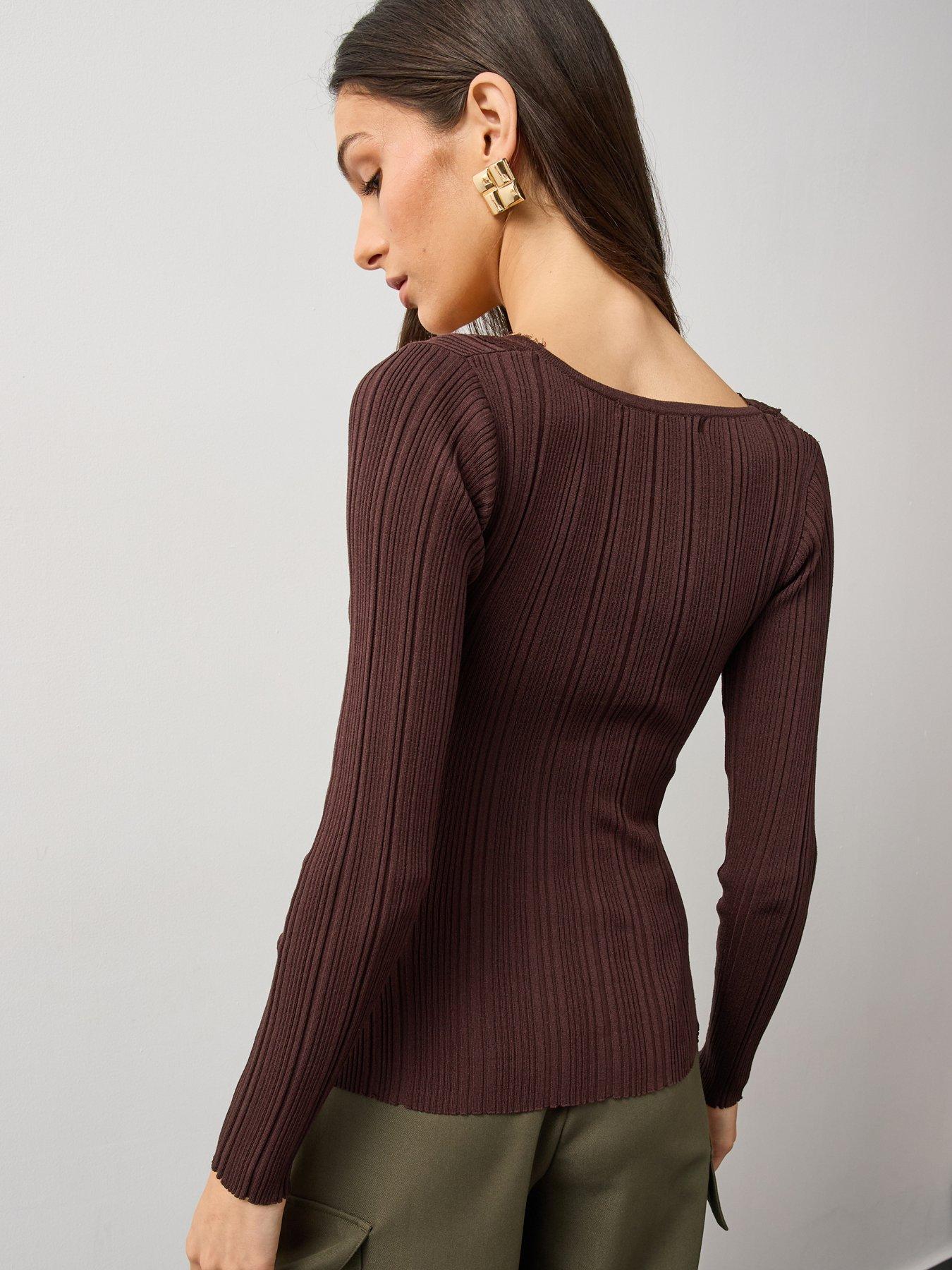 Image 3 of 7 of Michelle Keegan Womens Lace-Trim Ribbed Button Front Top - Brown