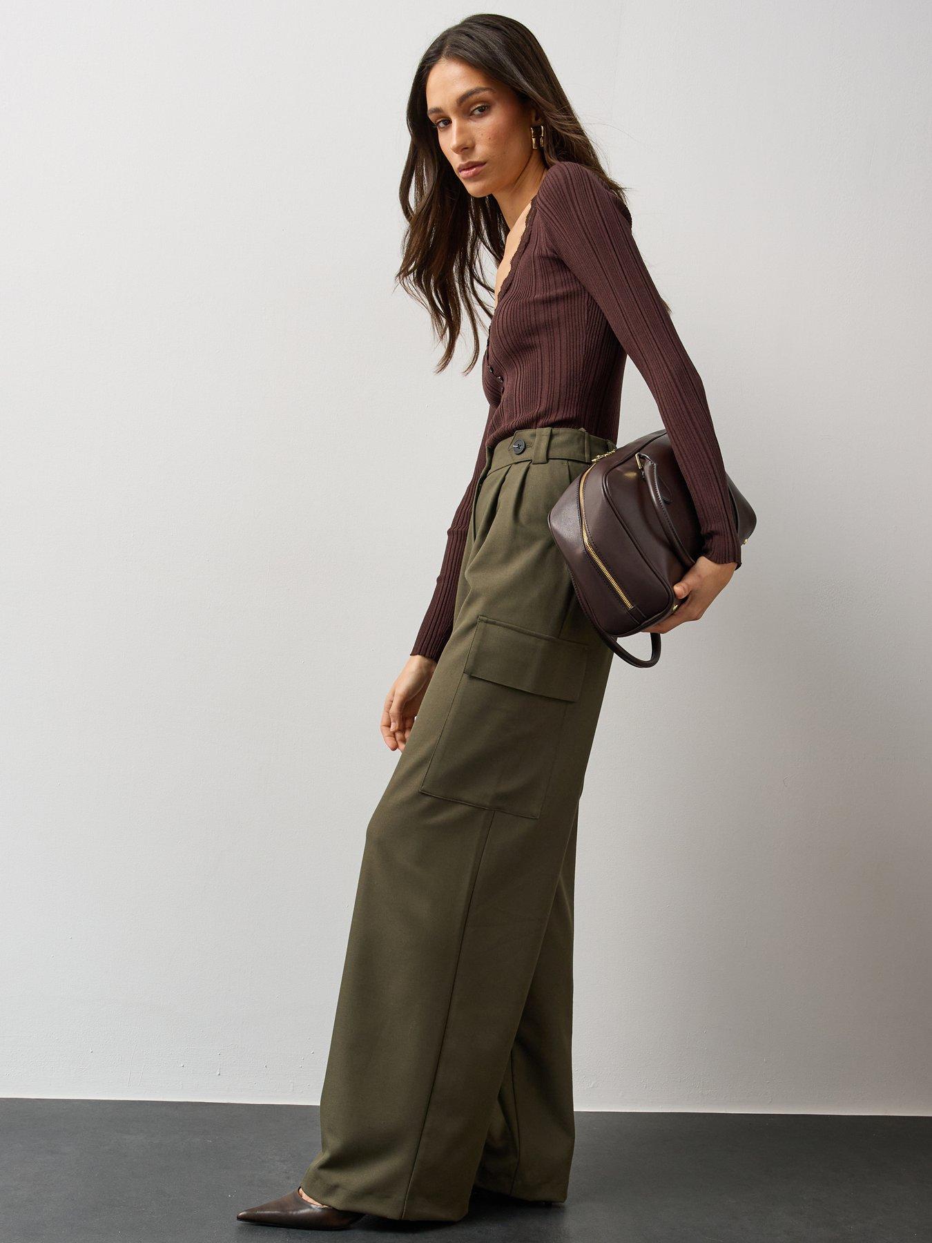 Image 6 of 7 of Michelle Keegan Womens Lace-Trim Ribbed Button Front Top - Brown
