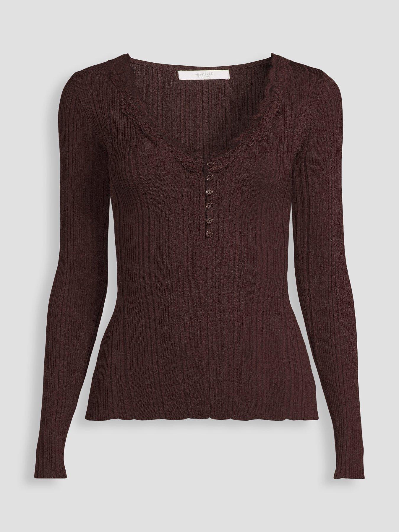 Image 7 of 7 of Michelle Keegan Womens Lace-Trim Ribbed Button Front Top - Brown