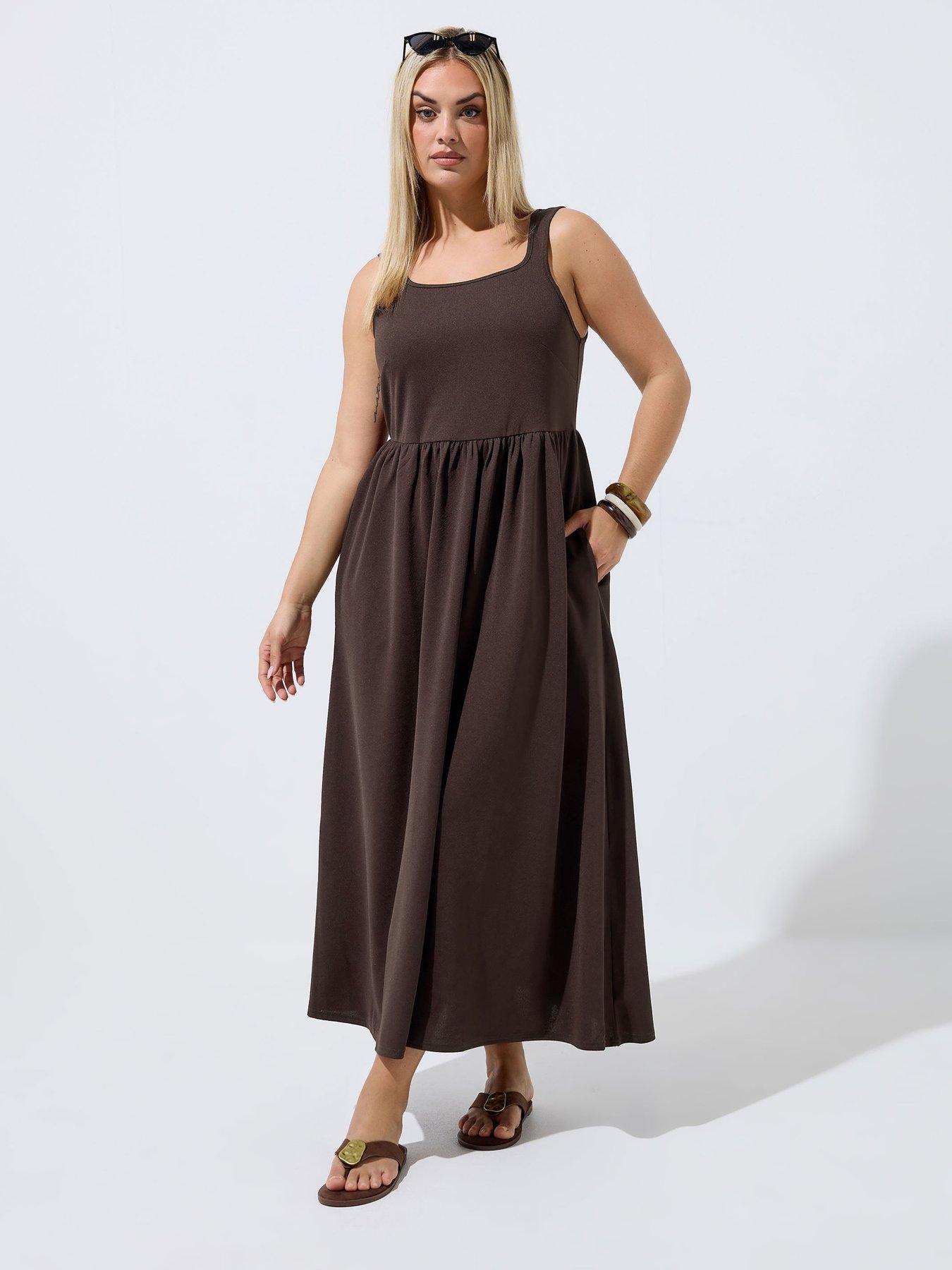 Yours Curve Strappy Detail Dress With Pockets - Brown
