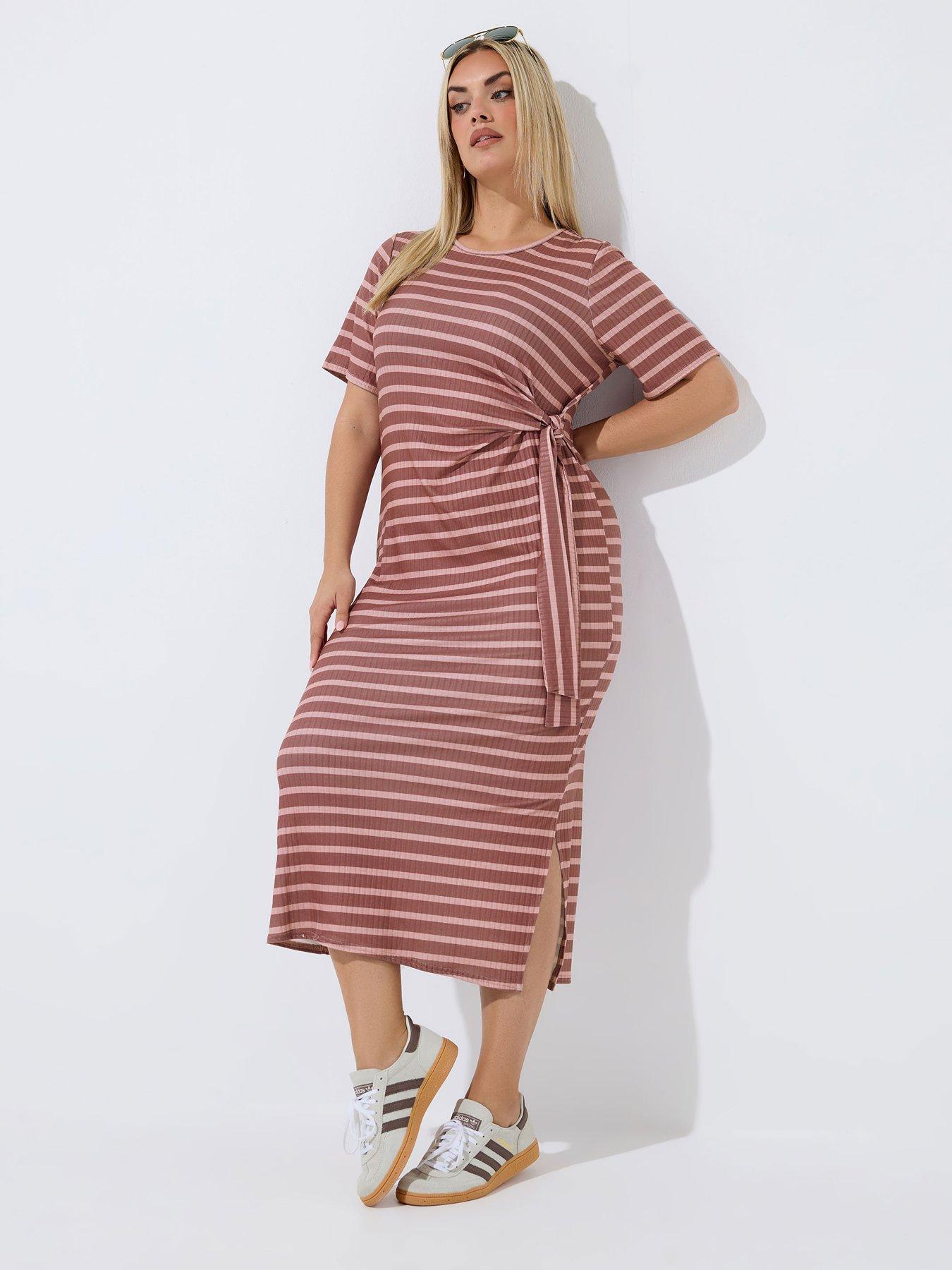 Yours Curve Stripe Print Ribbed Knot Dress - Pink