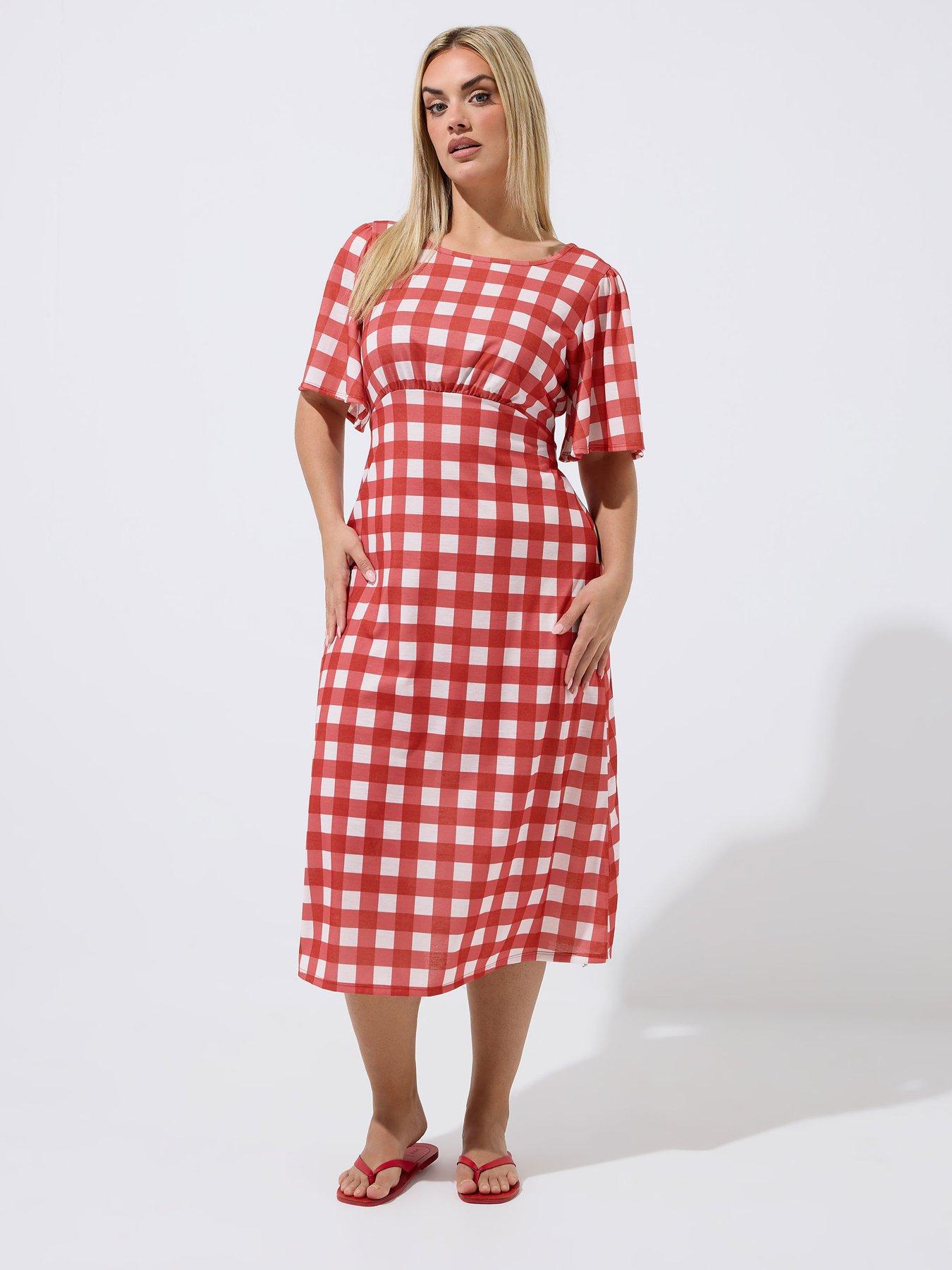 Yours Curve Gingham Tie Neck Dress - Red