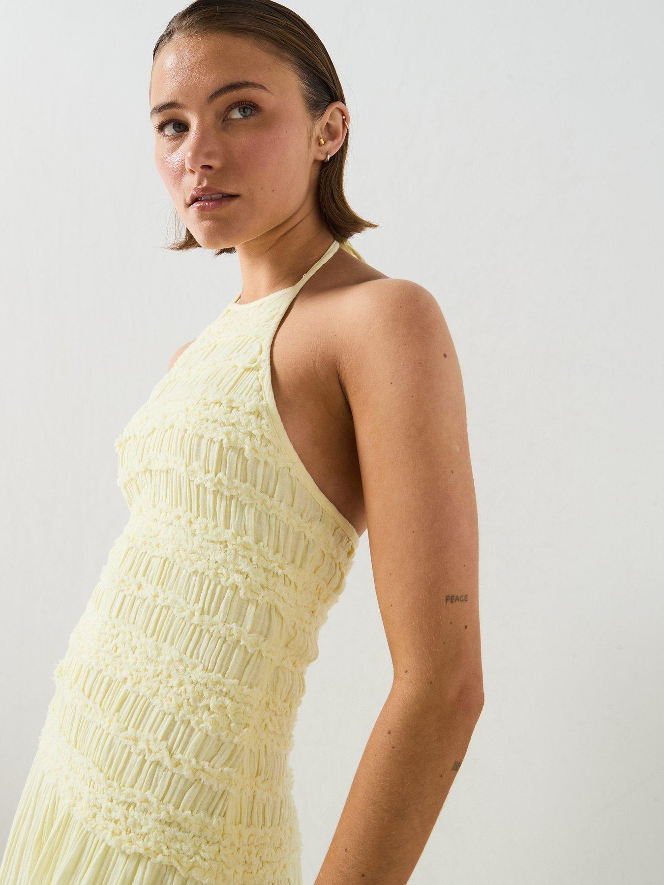 Image 4 of 5 of Mango Chambray Dress With Gathered Detail - Pastel Yellow