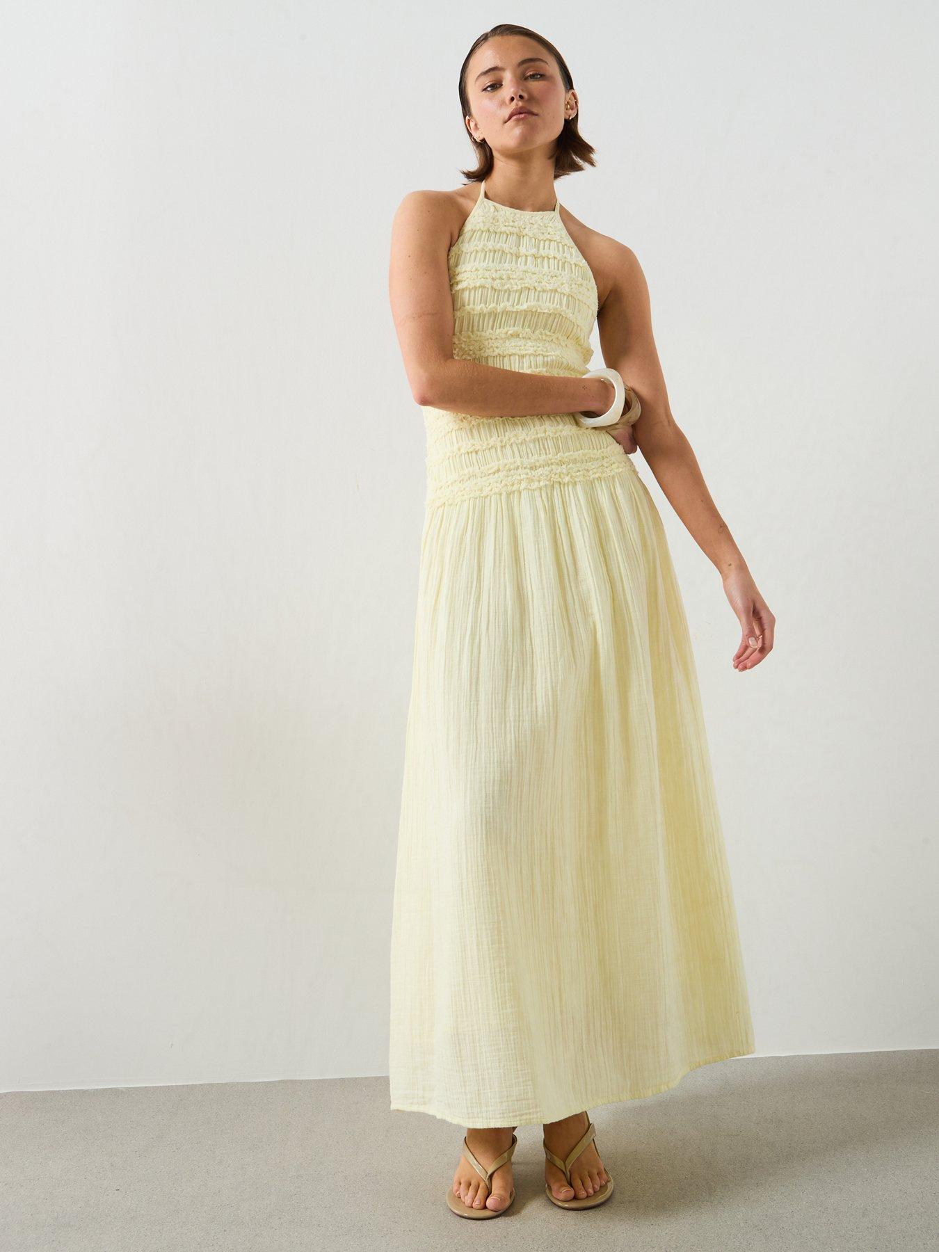 Image 5 of 5 of Mango Chambray Dress With Gathered Detail - Pastel Yellow