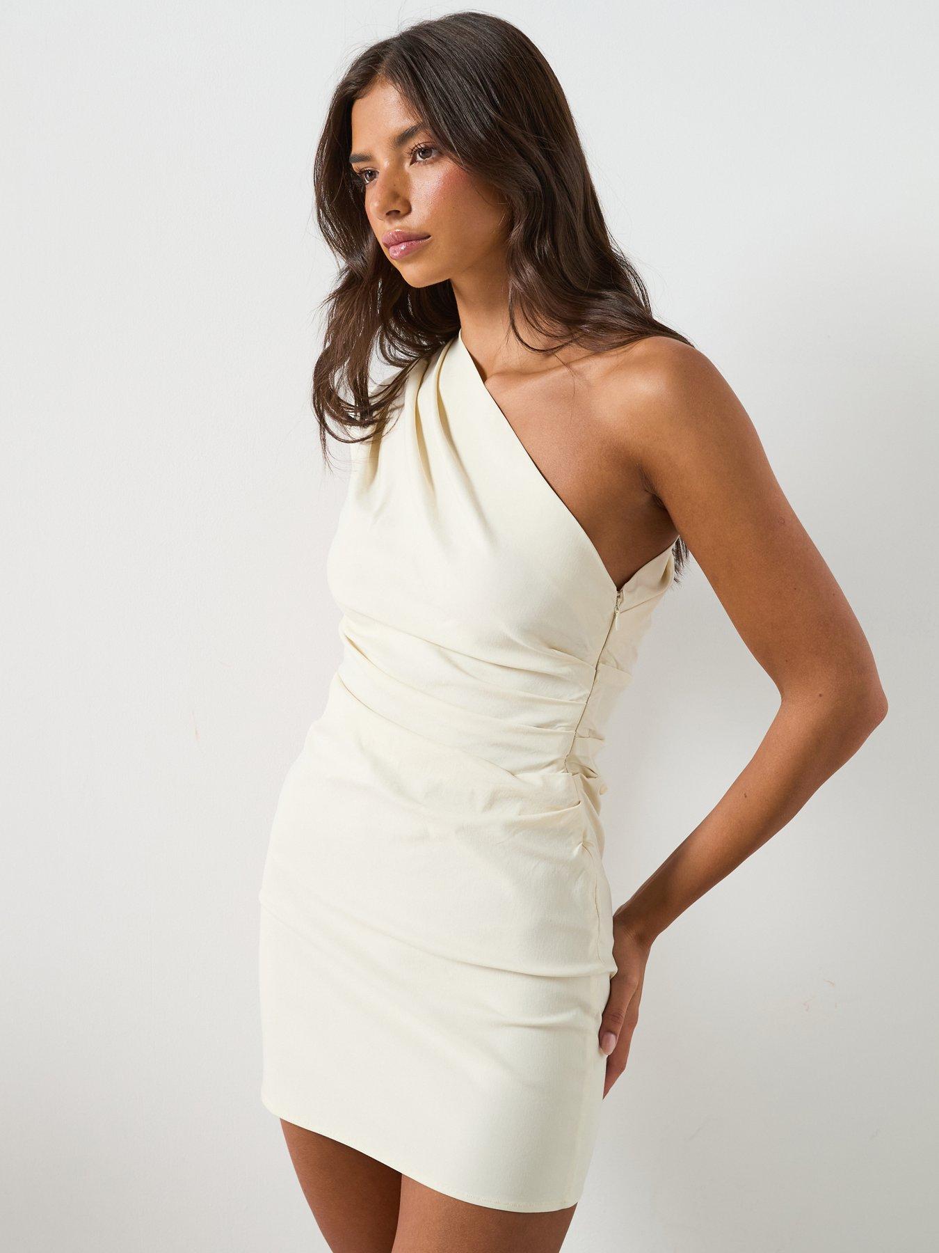 Image 1 of 6 of Mango Asymmetric Neckline Dress With Draped Detail - White