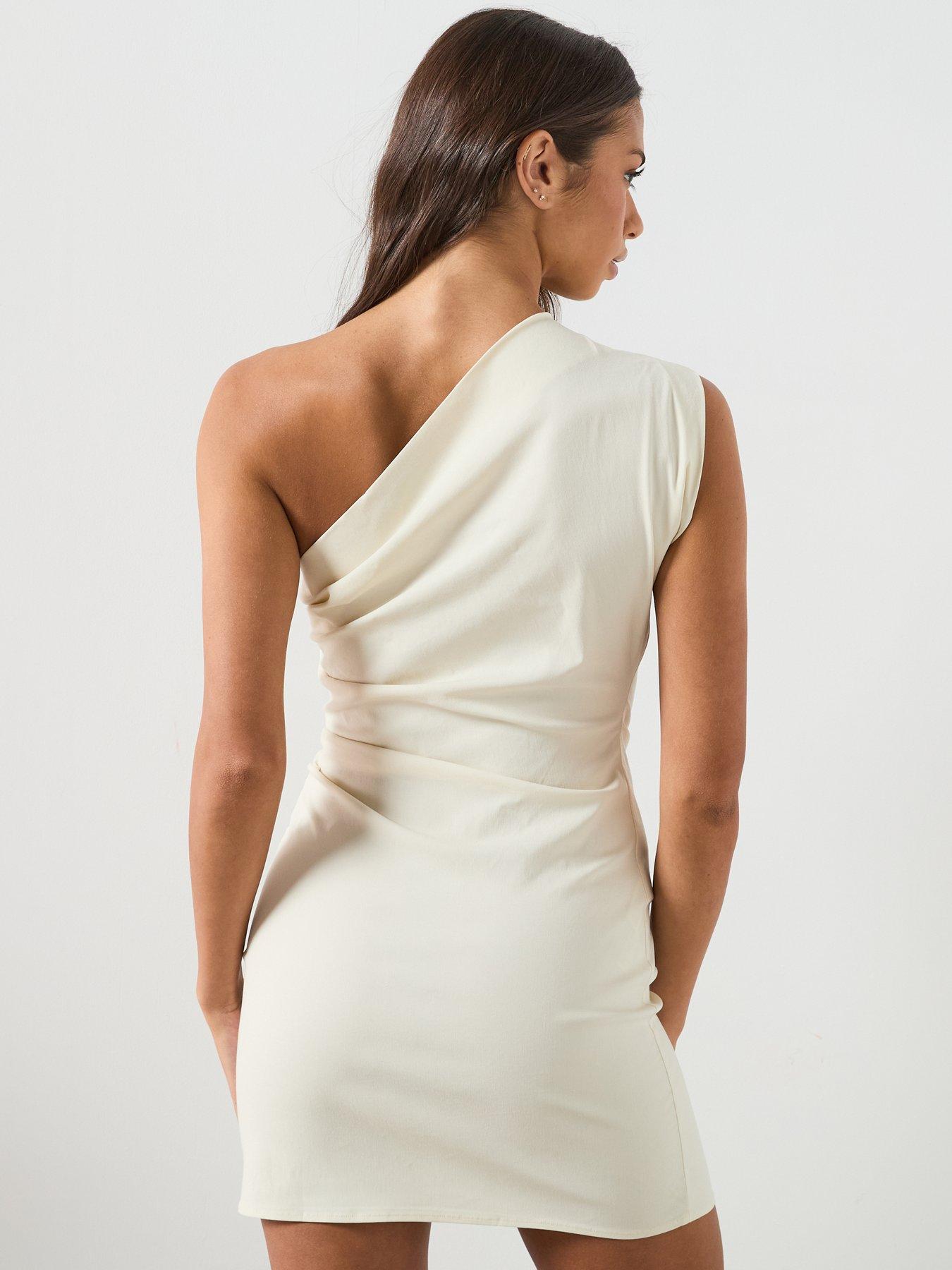 Image 2 of 6 of Mango Asymmetric Neckline Dress With Draped Detail - White
