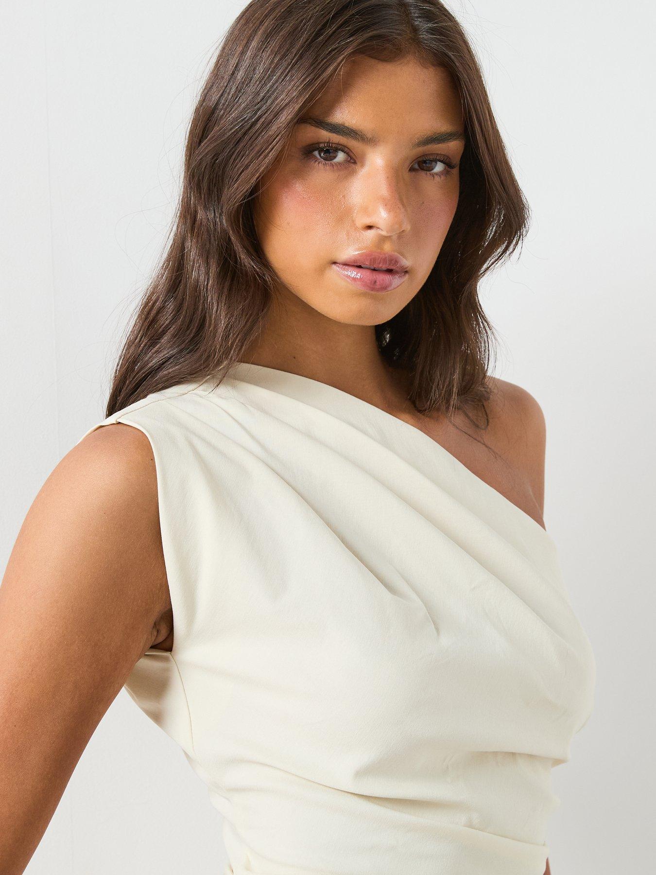 Image 4 of 6 of Mango Asymmetric Neckline Dress With Draped Detail - White