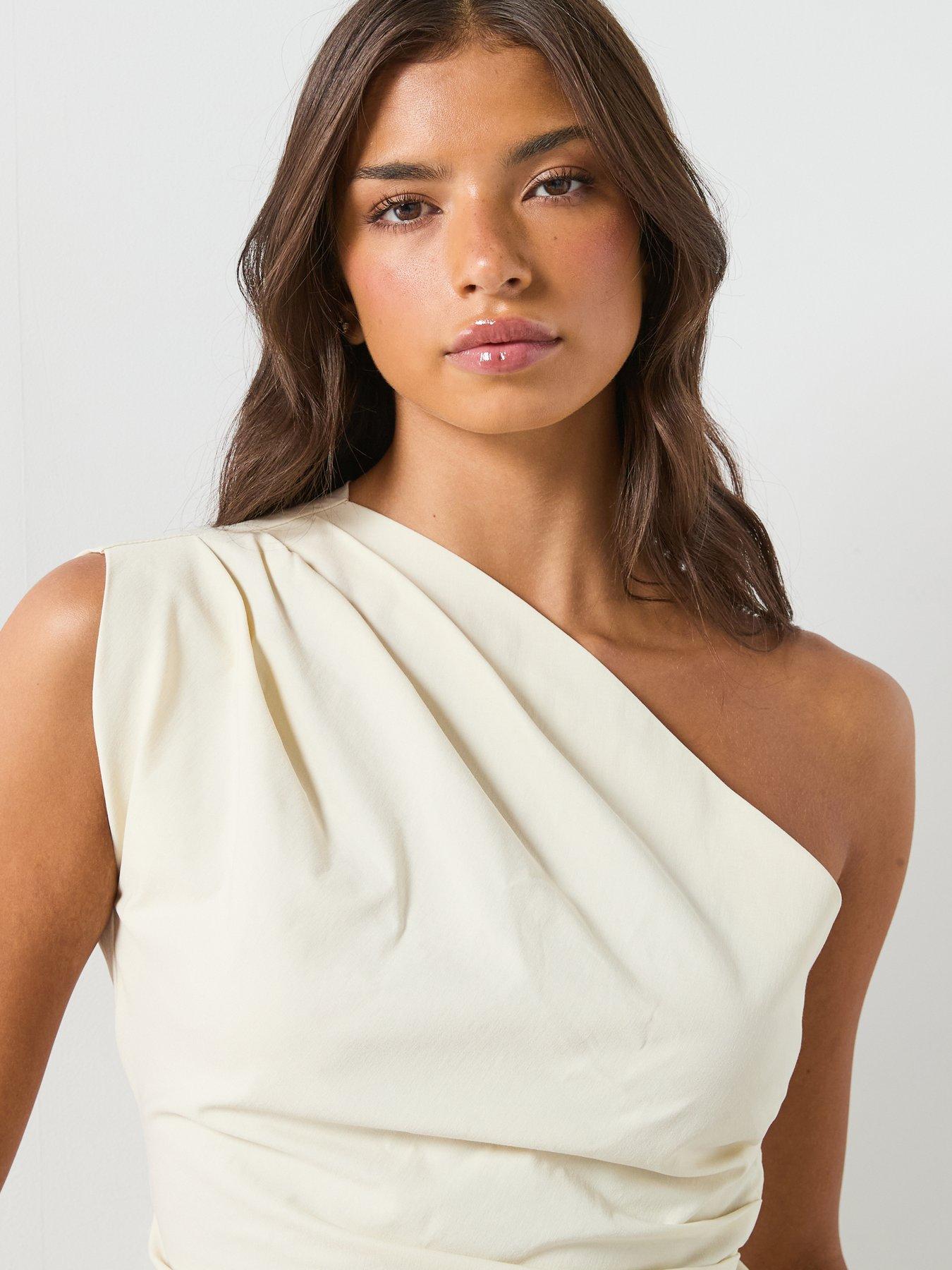 Image 5 of 6 of Mango Asymmetric Neckline Dress With Draped Detail - White