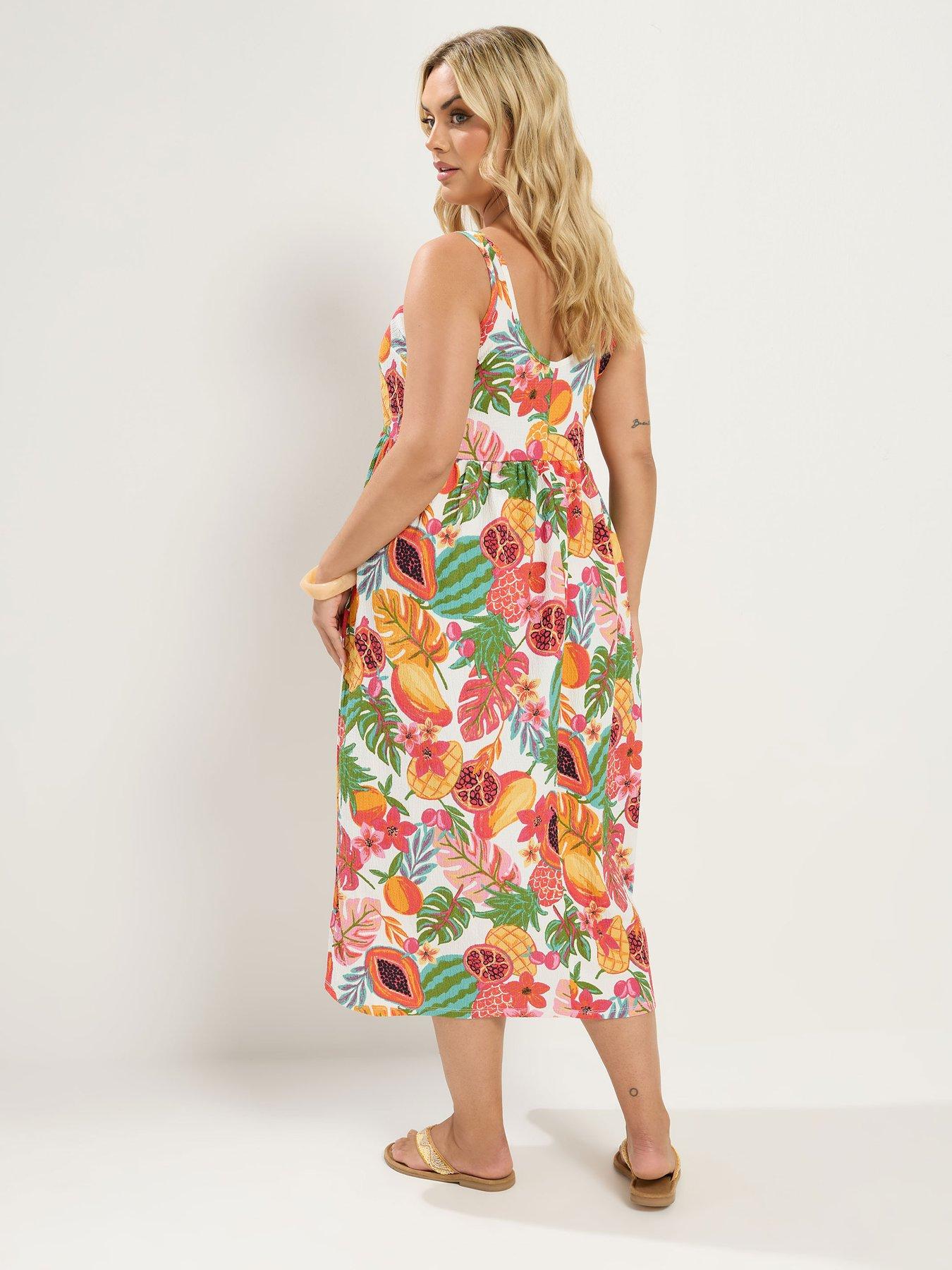 Image 2 of 4 of Yours Curve Fruit Print Smock Dress - White