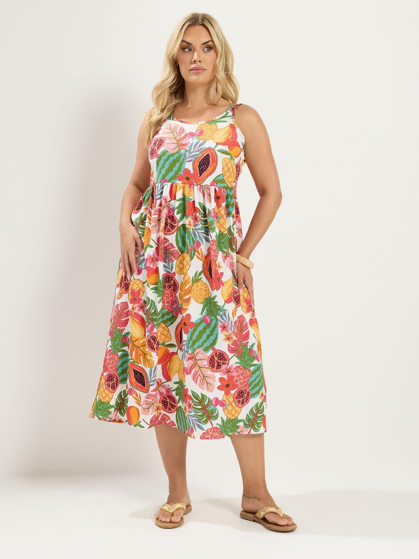 Image 3 of 4 of Yours Curve Fruit Print Smock Dress - White