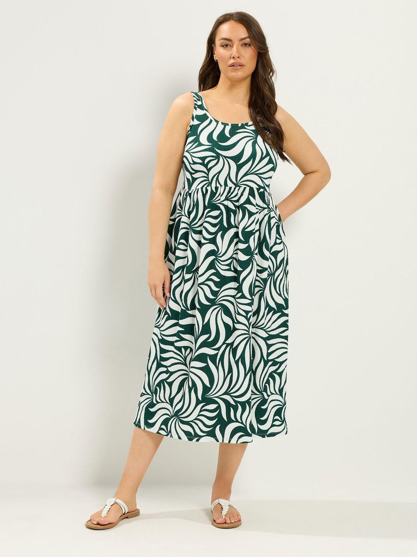 Yours Curve Abstract Leaf Smock Dress - Green