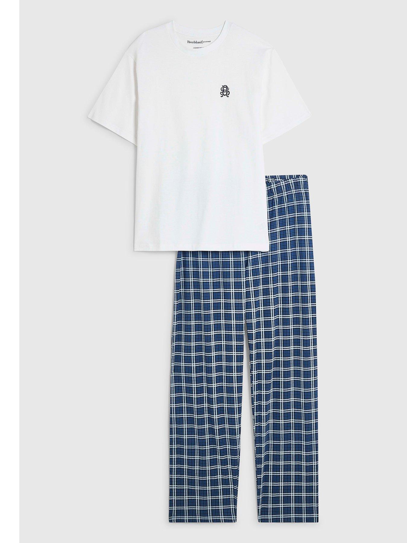 Image 1 of 3 of River Island Mens Check Cotton Loungewear Set - Navy