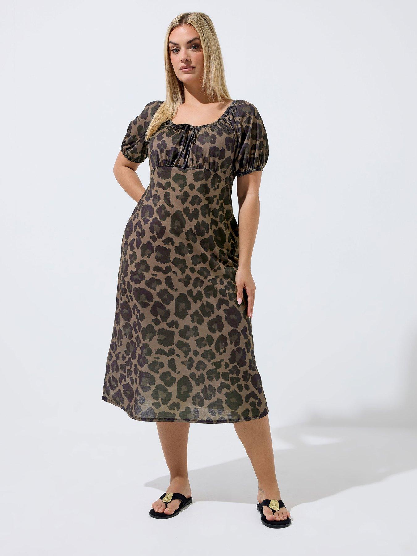 Yours Curve Leopard Print Square Neck Tie Dress - Brown