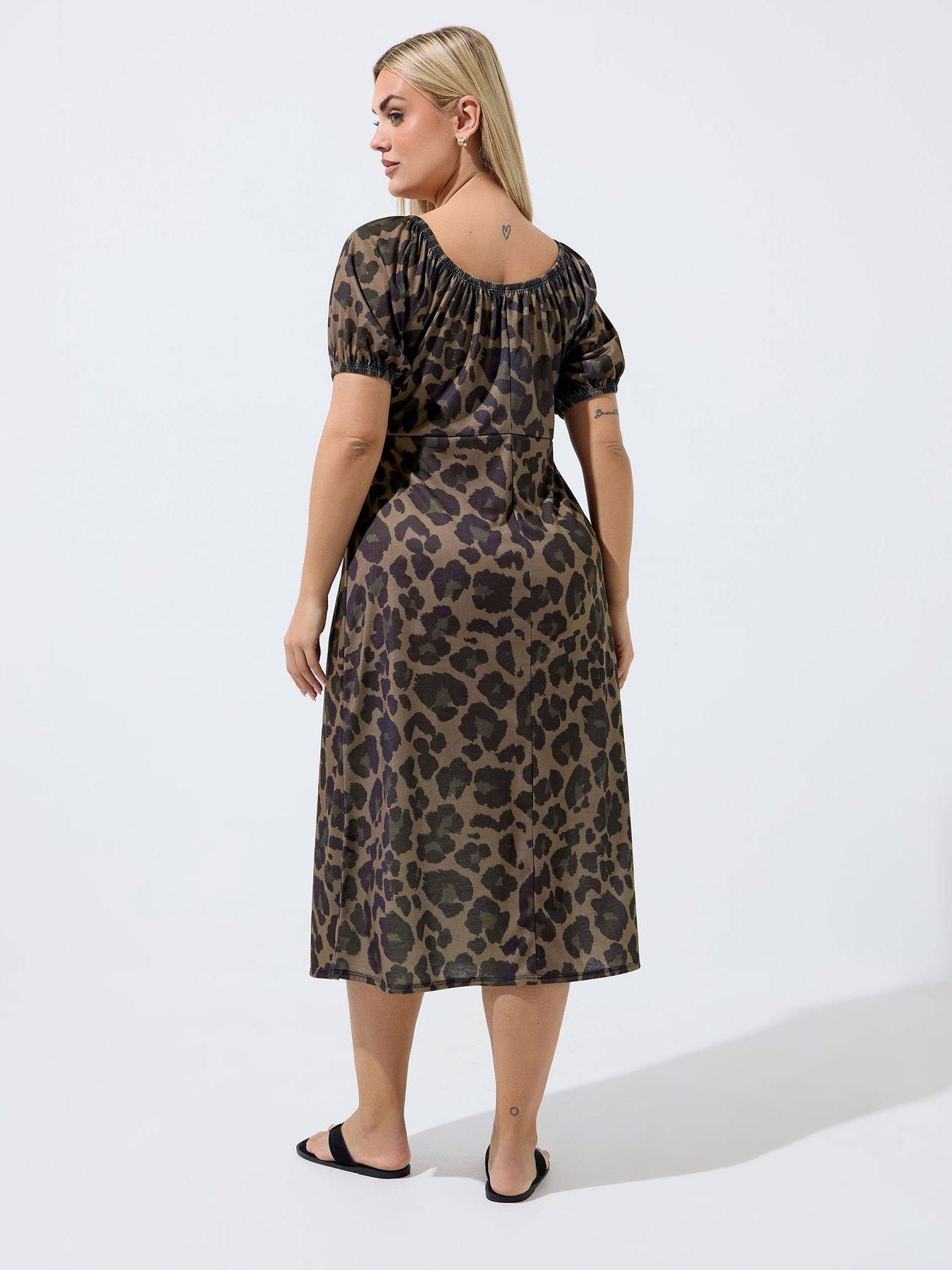 Image 2 of 4 of Yours Curve Leopard Print Square Neck Tie Dress - Brown