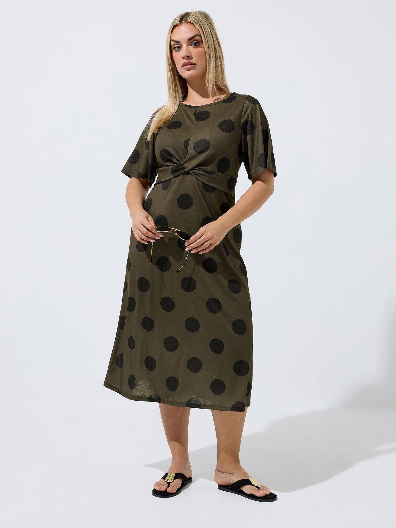 Yours Curve Polka Dot Bust Knot Dress - Brown