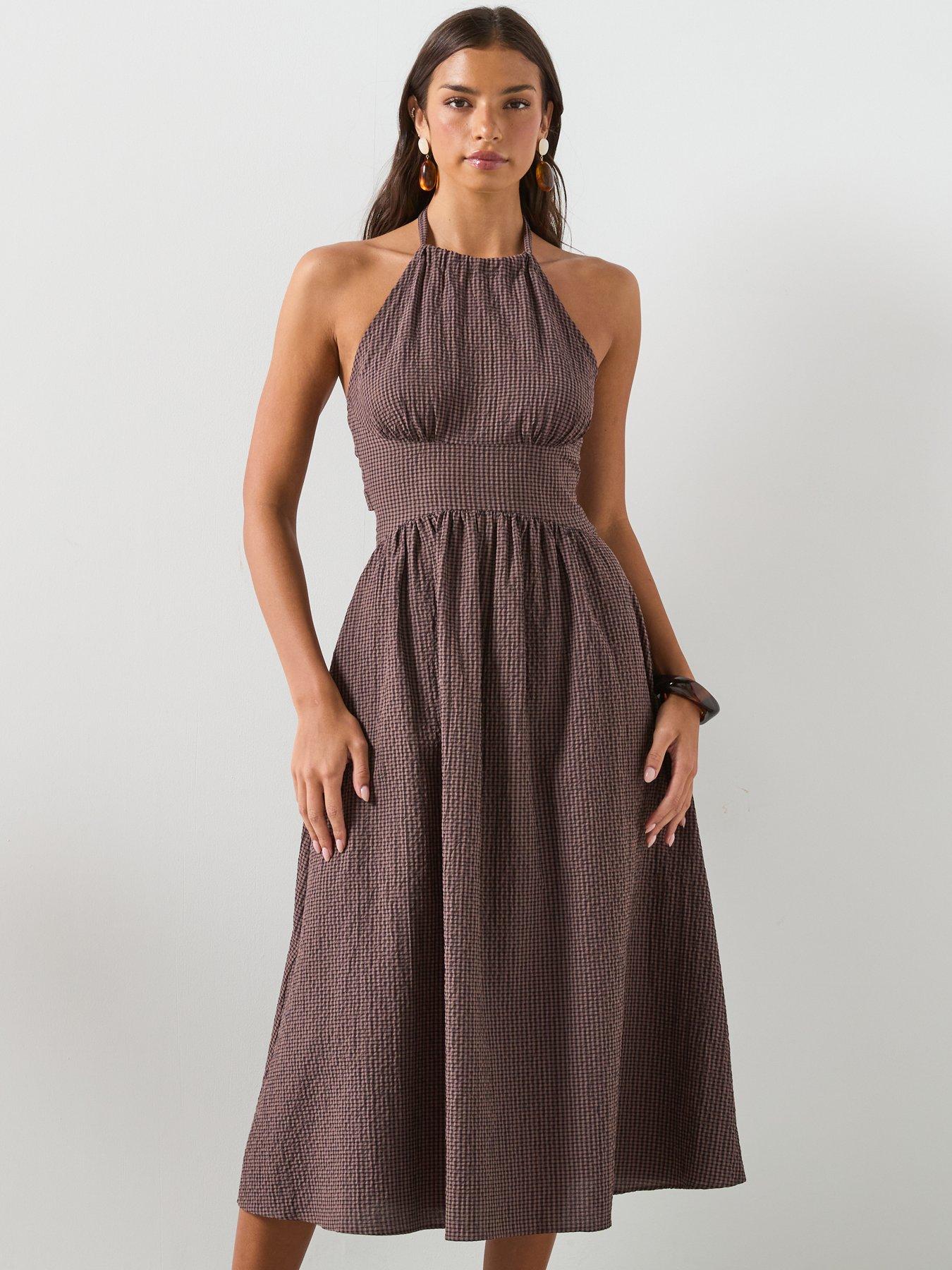 Image 1 of 6 of Mango Gingham Check Halter Dress - Brown