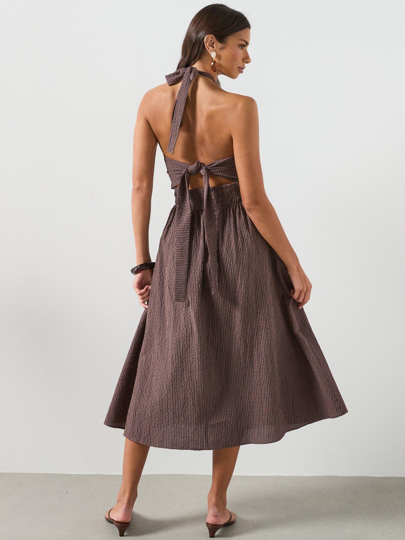 Image 2 of 6 of Mango Gingham Check Halter Dress - Brown