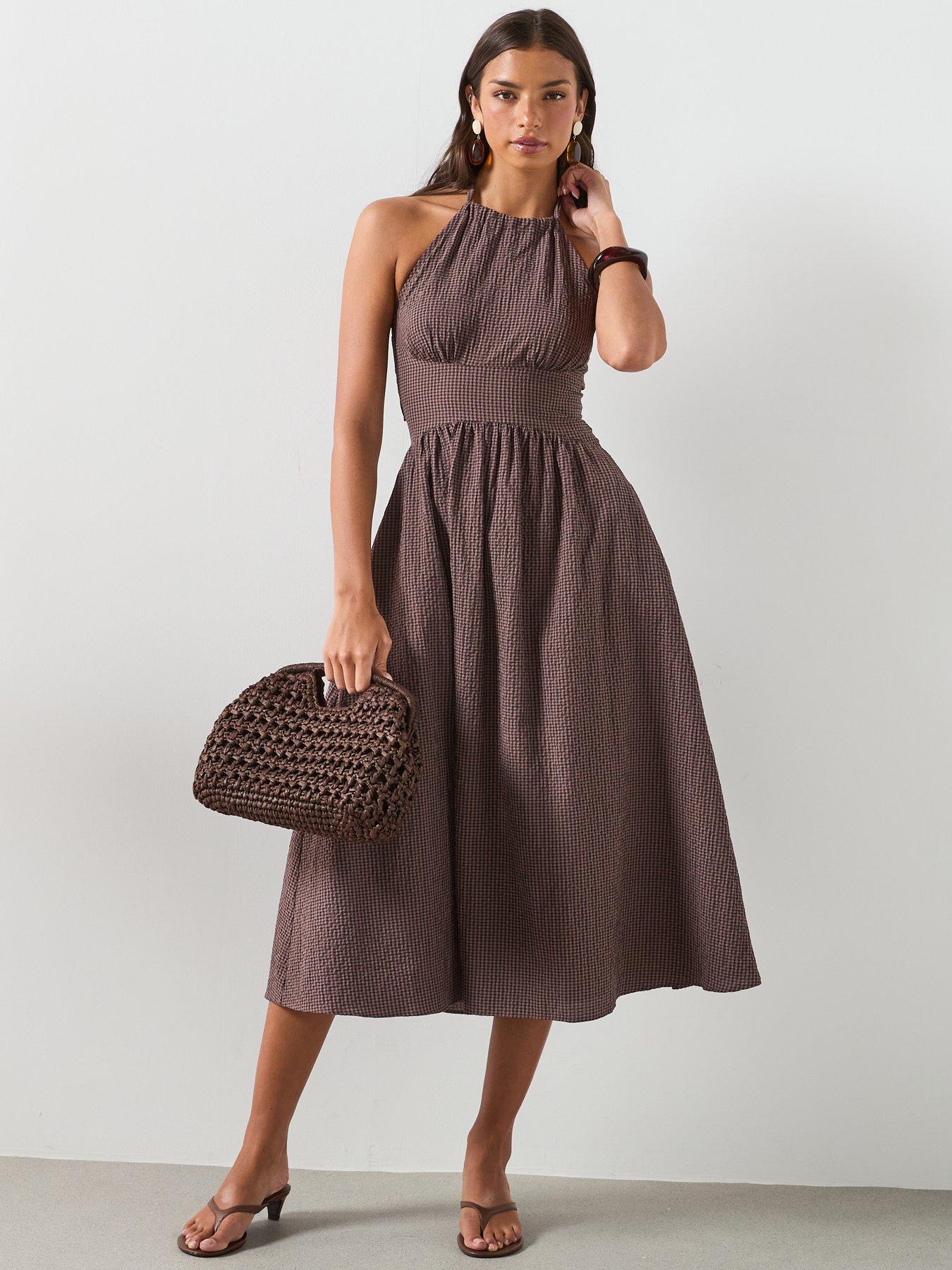 Image 3 of 6 of Mango Gingham Check Halter Dress - Brown