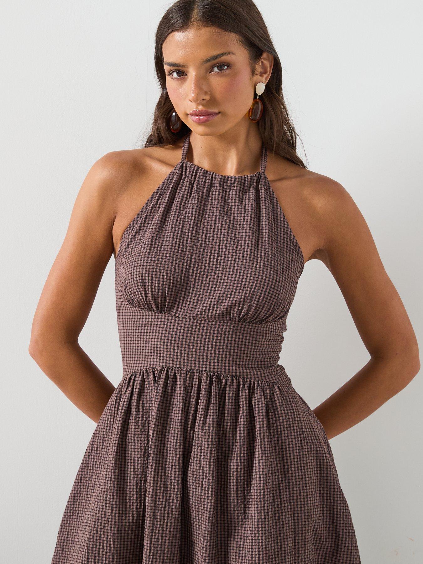 Image 5 of 6 of Mango Gingham Check Halter Dress - Brown