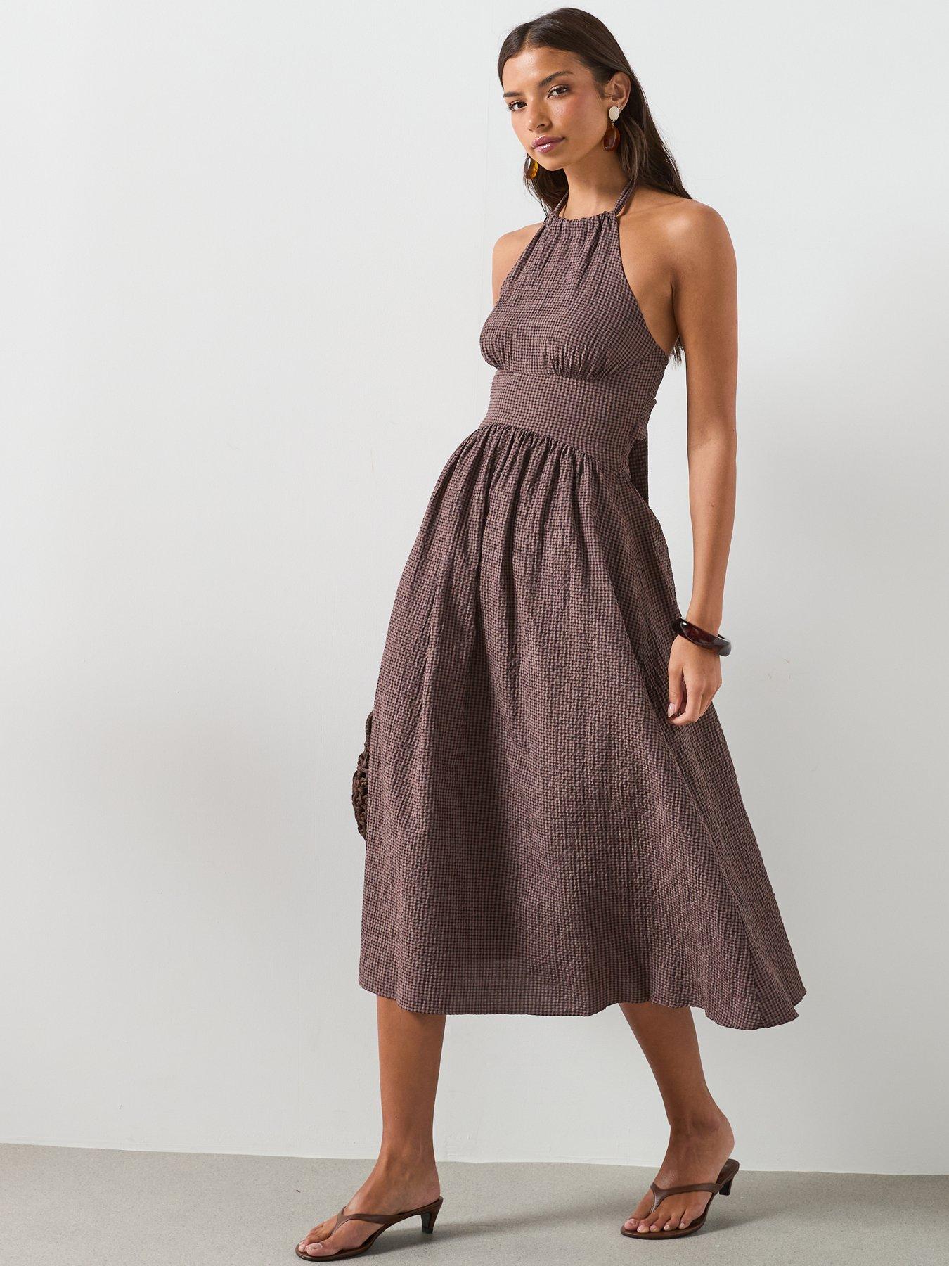 Image 6 of 6 of Mango Gingham Check Halter Dress - Brown