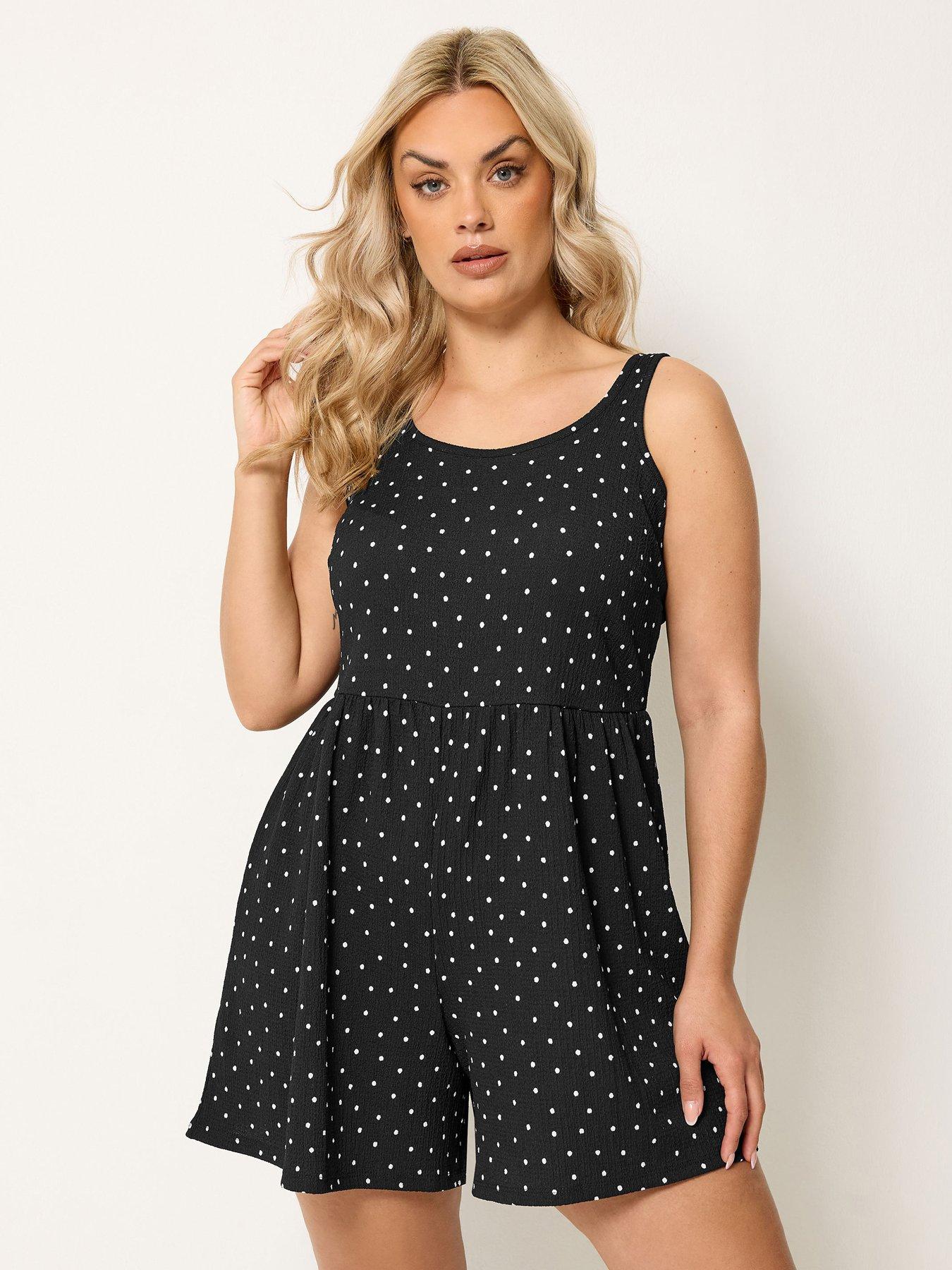 Yours Polka Dot Print Textured Smock Playsuit - Black