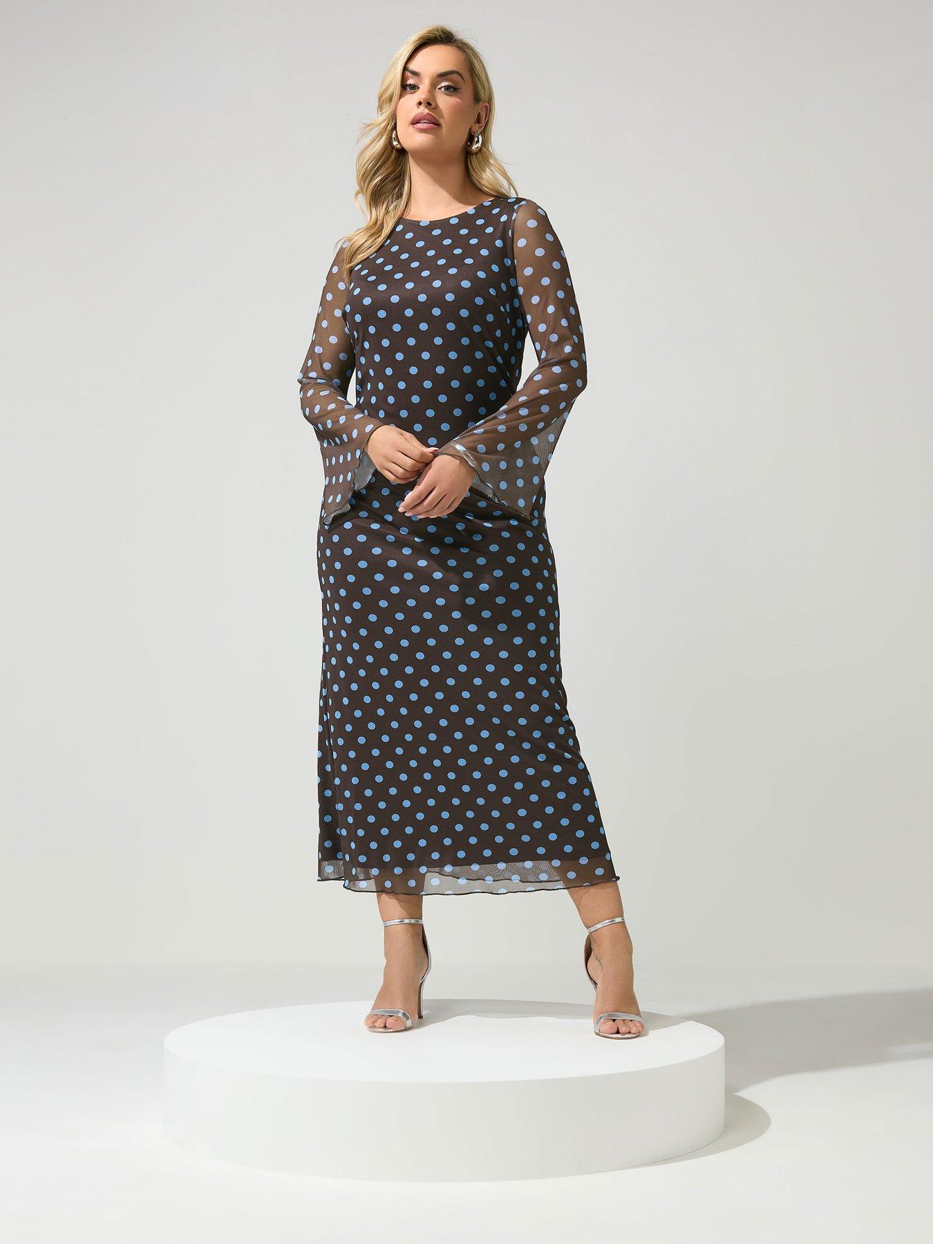 Yours Curve Polka Mesh Dress - Brown