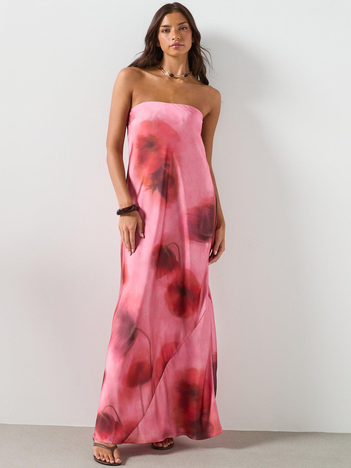 Image 1 of 6 of Mango Strapless Floral Dress - Pastel Pink