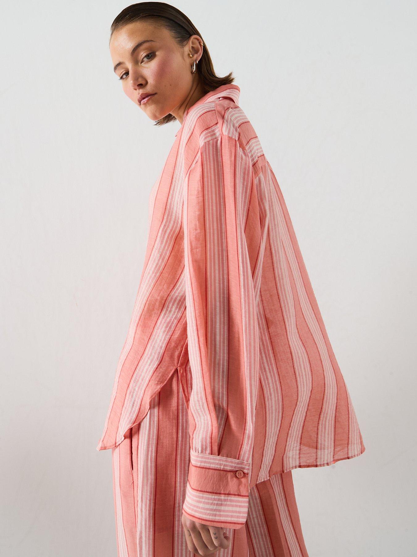 Image 2 of 6 of Mango Linen Lyocell Blend Stripe Shirt - Orange
