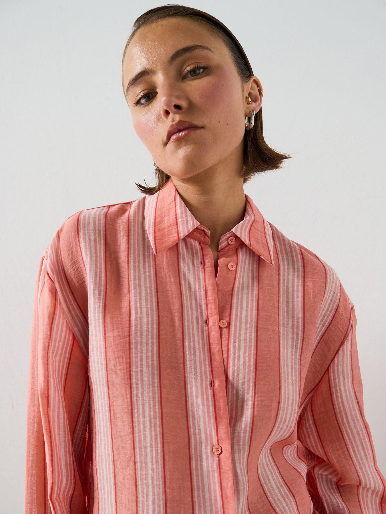 Image 4 of 6 of Mango Linen Lyocell Blend Stripe Shirt - Orange