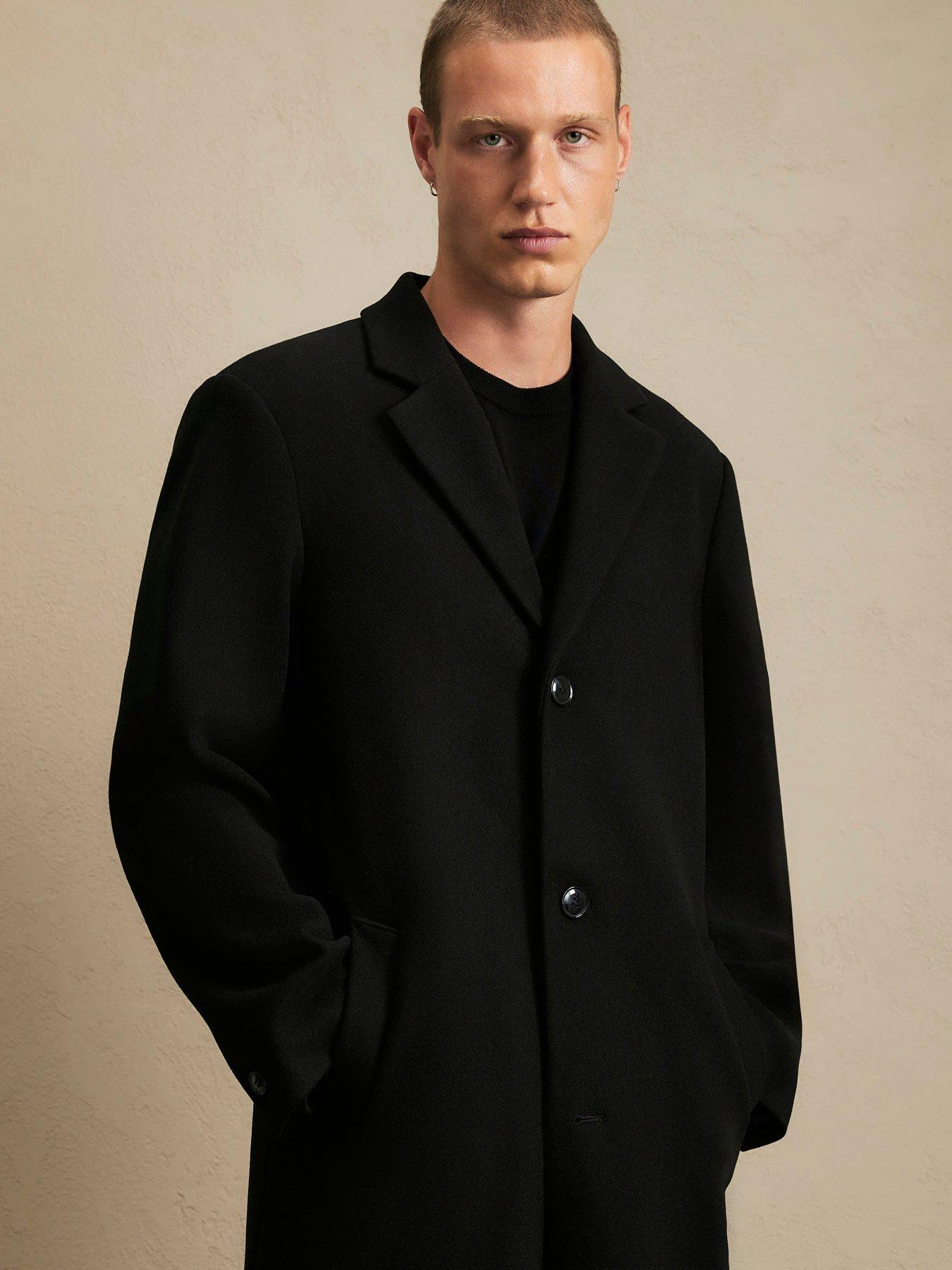 River Island Mens Single-Breasted Longline Textured Overcoat - Black