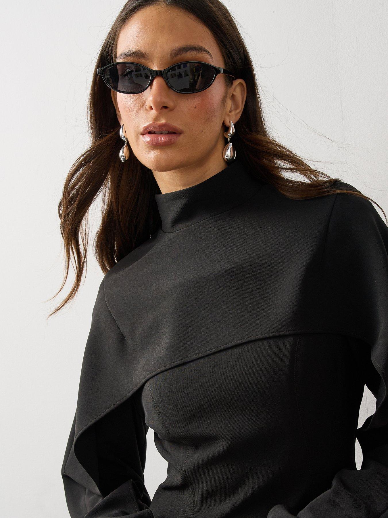 Image 4 of 6 of Michelle Keegan Womens High Neck Cape Mini Dress - Black