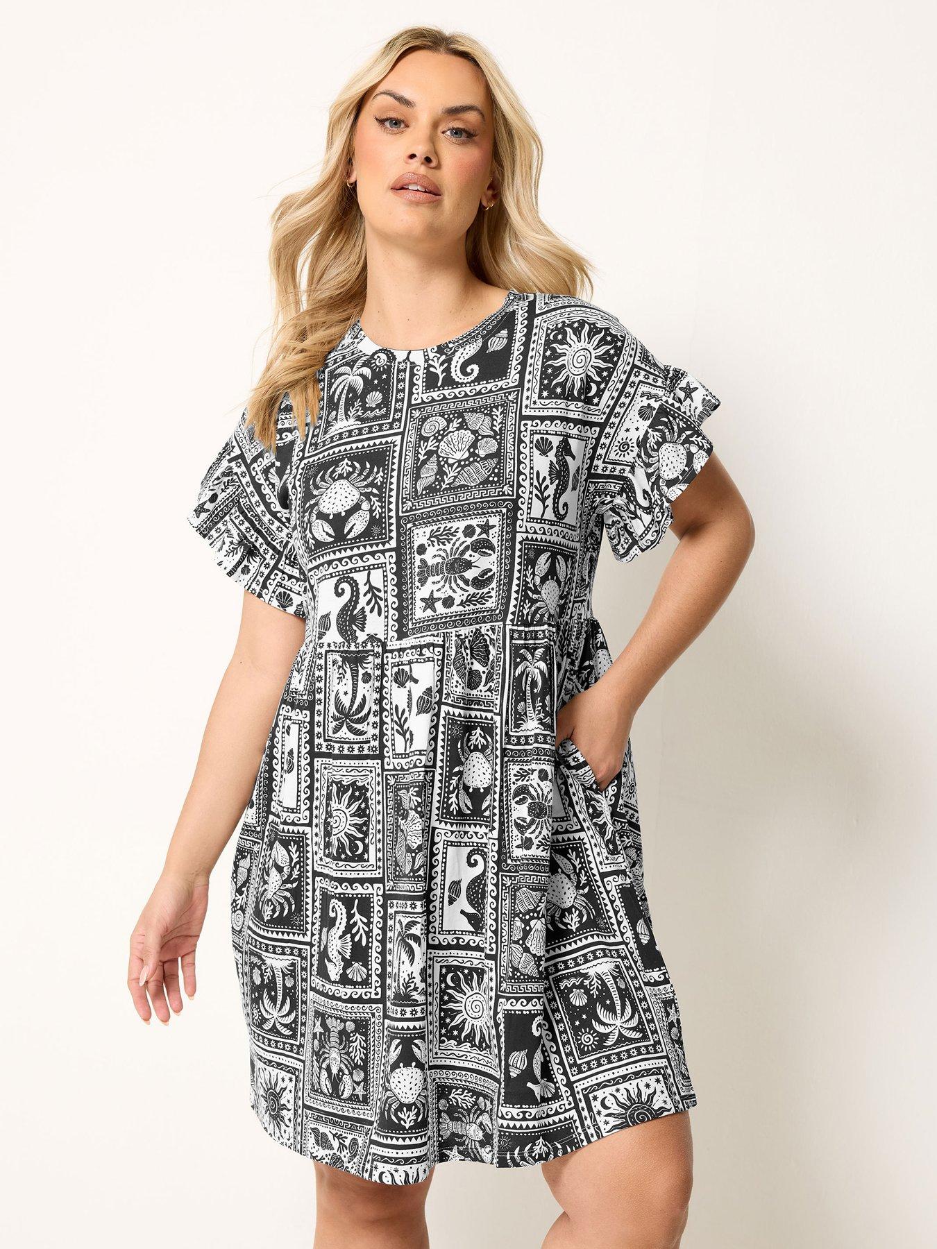 Yours Curve Frill Sleeve Tunic Dress - Black