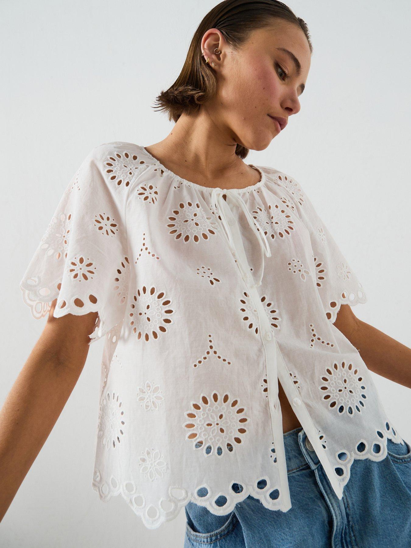 Image 1 of 5 of Mango 100% Cotton Blouse With Broderie Anglaise Embroidery - White
