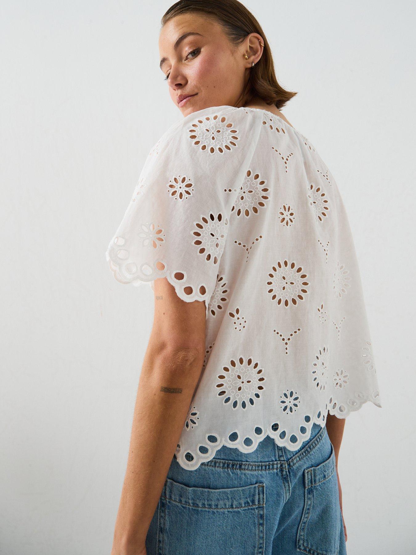 Image 2 of 5 of Mango 100% Cotton Blouse With Broderie Anglaise Embroidery - White