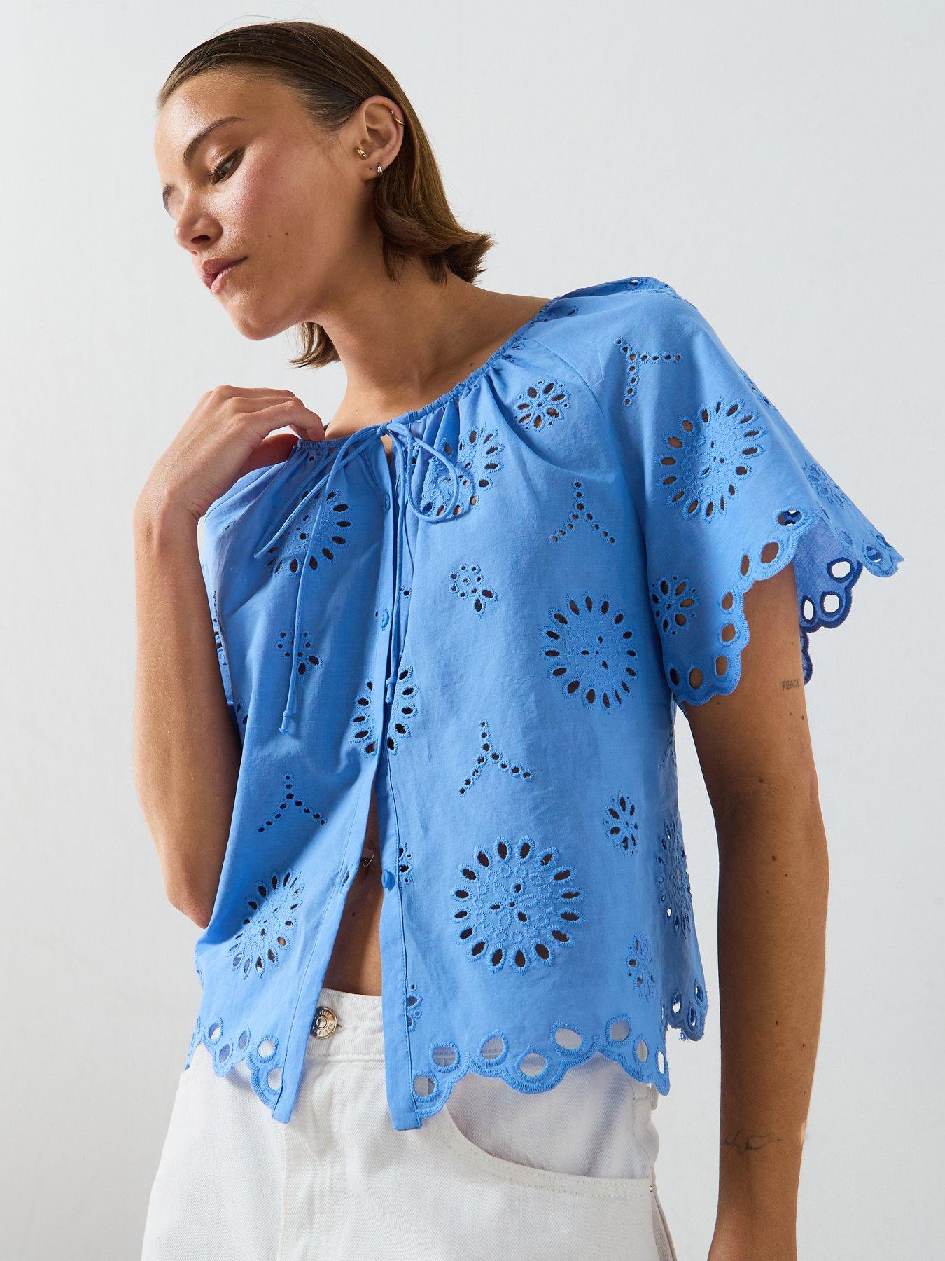 Mango Cotton Blouse With Broderie Anglaise Embroidery - Blue