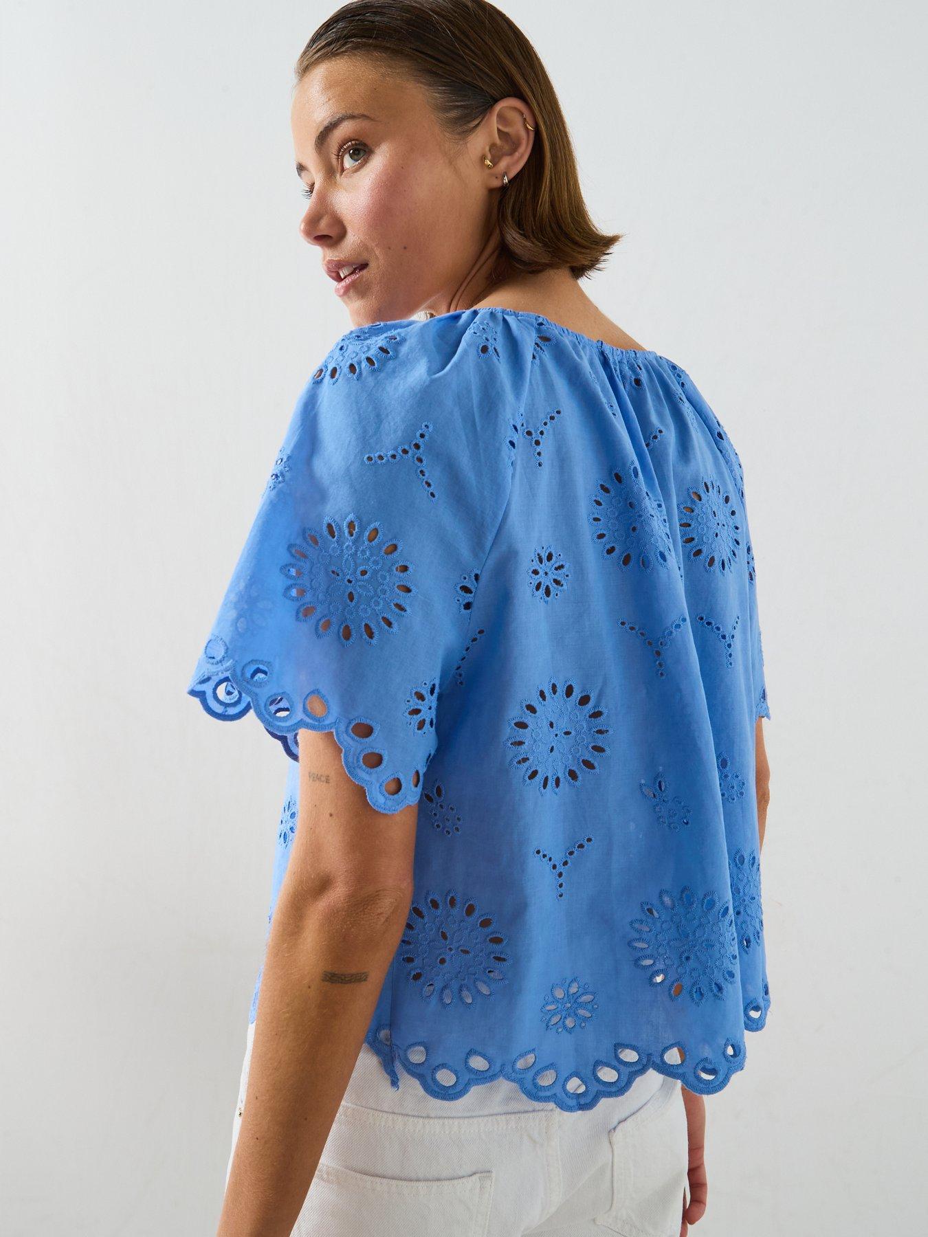 Image 2 of 6 of Mango Cotton Blouse With Broderie Anglaise Embroidery - Blue