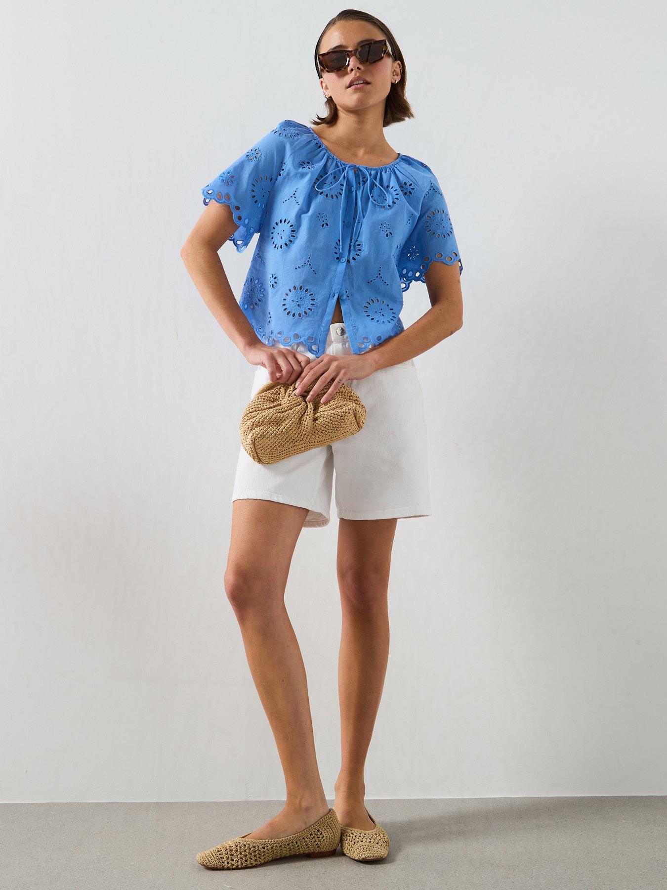Image 3 of 6 of Mango Cotton Blouse With Broderie Anglaise Embroidery - Blue