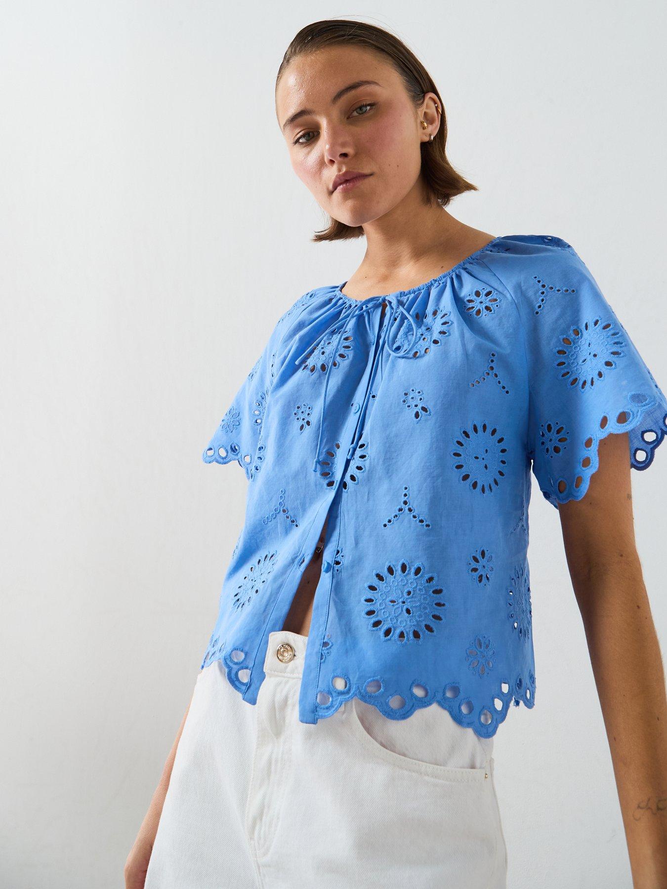 Image 4 of 6 of Mango Cotton Blouse With Broderie Anglaise Embroidery - Blue